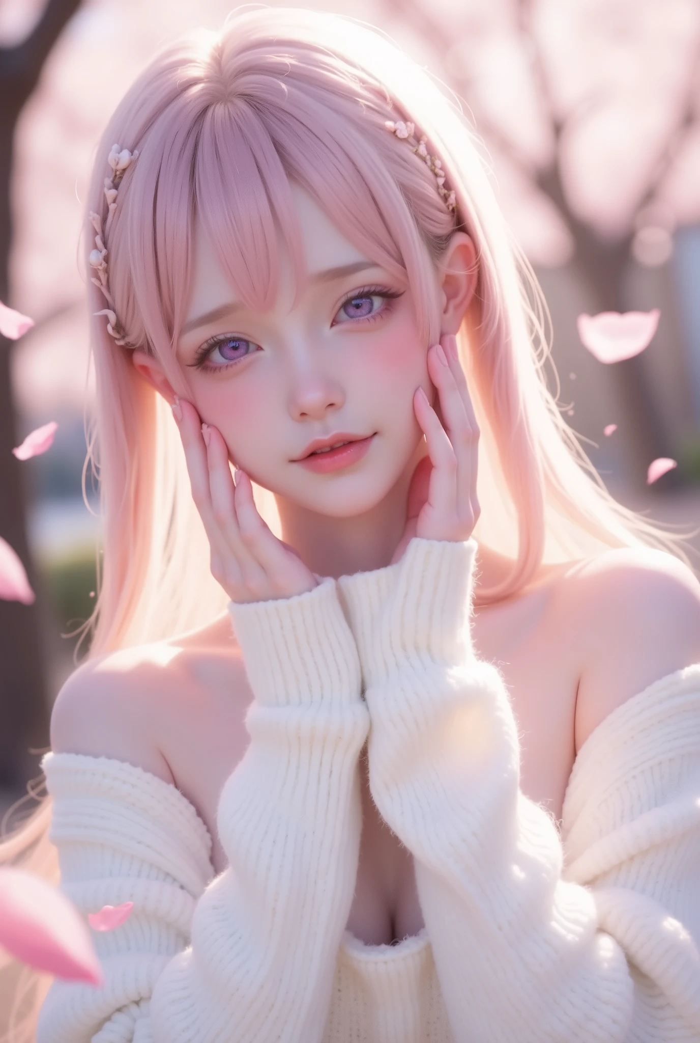 score_9, score_8_up, score_7_up, score_6_up, score_5_up, score_4_up, 1girl, solo, seductive expression,(masterpiece)), Highest quality, Very detailed,(One Girl), master piece, best quality, score_9, score_8_up, score_7_up, score_6_up, score_5_up, score_4_up, masterpiece, best quality, very aesthetic, absurdres, Score_9, Score_8_up, Score_7_up, Score_6_up, Score_5_up, Score_4_up, Source_anime, Tag1, Tag2, Best quality, High quality, Detailed, High resolution, 8k, Ultra highres, Soft saturation, Professional quality, Perfect contrast, Perfect lighting, Anatomically correct, Sensual woman, young female, seductive BREAK Face focus, detailed face focus. Sexy Idol Girl, white skin, Good style, dynamic and sexy pose. Create an artistic illustration of a young, anime-styled character with long, soft pink hair and expressive lavender eyes. She is gently touching her cheeks with both hands, exuding a sense of innocence and charm. The character is wearing a cozy white sweater with long sleeves. Surround her with delicate pink cherry blossom petals softly drifting in the air, and depict a serene, dreamy background with blurred trees and a hint of sunlight filtering through. The overall atmosphere should convey a sense of tranquility and beauty.