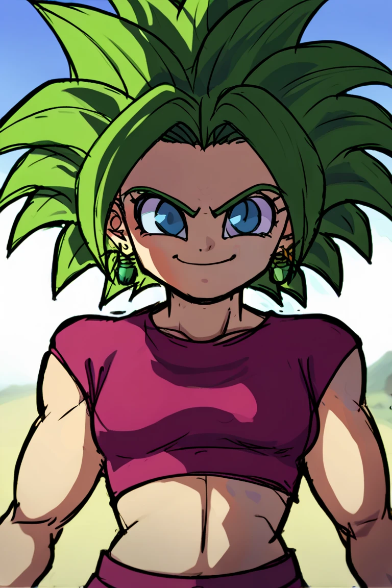 score_9, 1 girl, Alone , k3fla , green hair, pointy hair, blue eyes, crop top, midriff, pants, jeweler's, looking at the spectator, smile, combat posture, upper body, outdoor