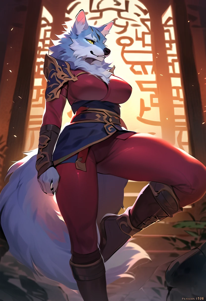 (Best quality),4K,Noble female nine-tailed white fox,furry ears and hands and feet,long leges,The expression is fascinating,Wear tribal clothing,forest backgrou,orc race,Pink Long Hair