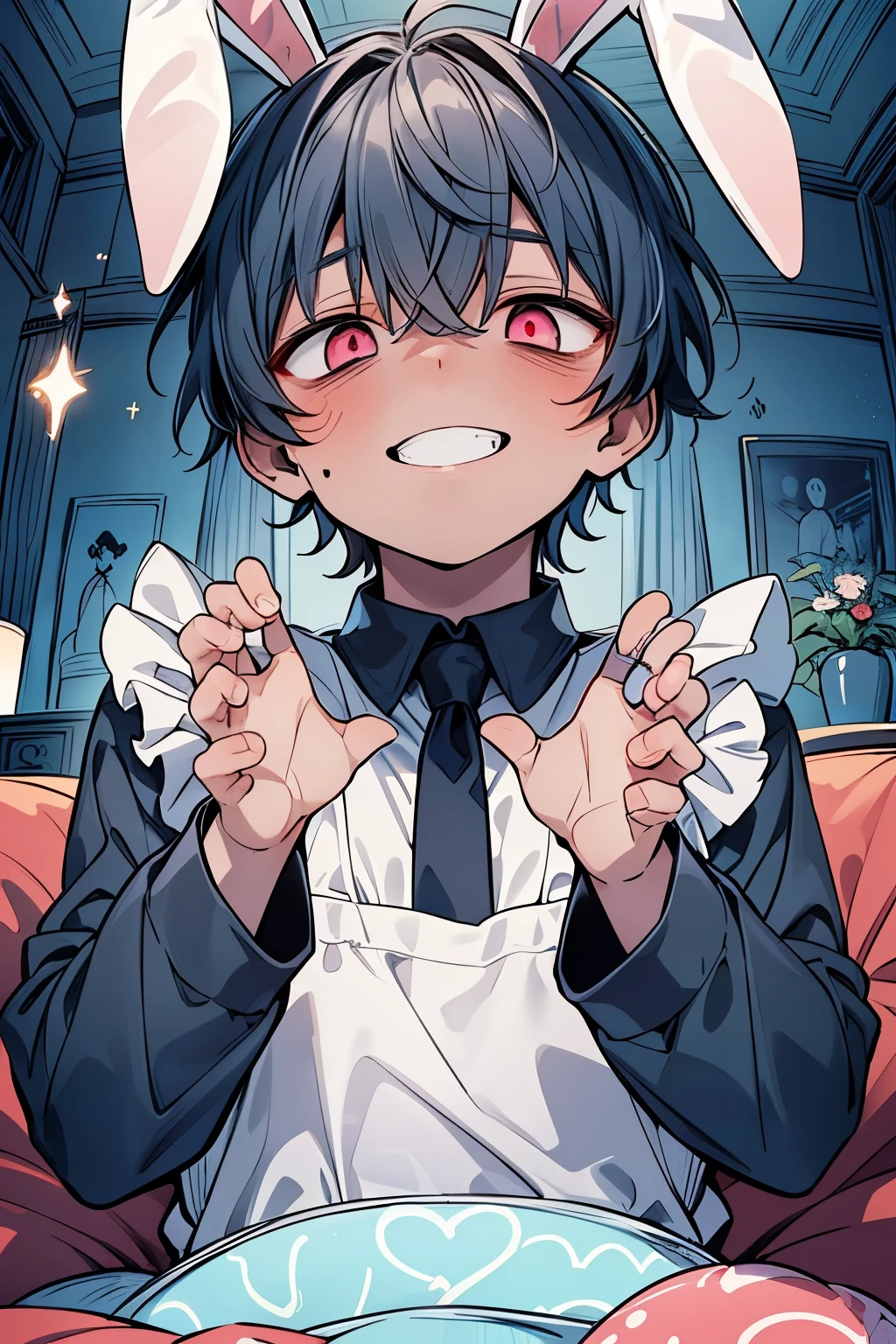 ((1-boy :1.3)),((handsome:1.2)),((adult men:1.15)),((Alone:1.1)),short hair,(straight hair:1.15),black hair,((Passion coralpink eyes:1.25)),skinny body,((making heart shape with hands:1.25)),(cropped lovely Maid costume:1.0),(long sleeve:1.0),((bunny ears:1.2)),((eerily glowing eyes:1.3)),((A smile filled with pleasure:1.1)),((ecstatic expression:1.1)),((smiling with teeth exposed:1.1)), Incension from Below,((Evil smile:1.35)),((glassy eyes:1.15)),((rolling eyes:1.3)),(looking up:1.25),((dark skin body:1.0)),((mansion living room:1.15)),