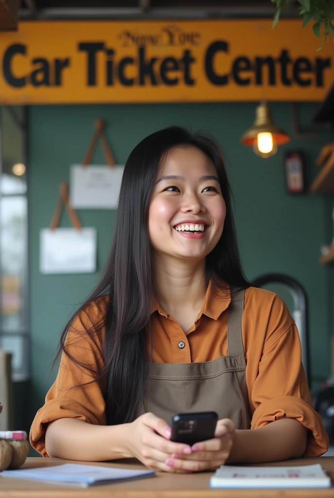 asian babe, inside a coffee shop, selfie, happy smile, dressed nicely, happy, UHD, 8K, Ultra realistic