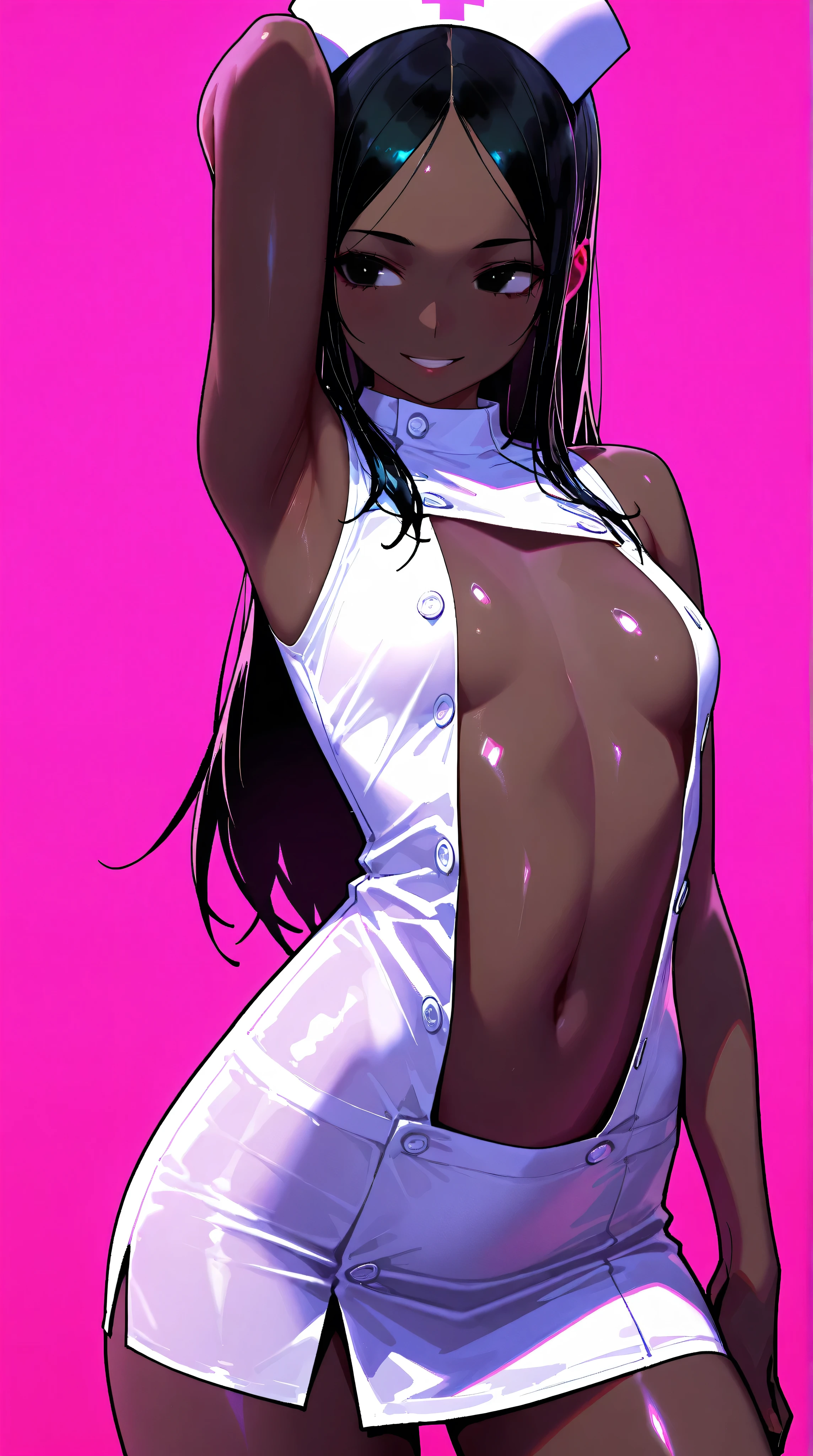 nagatoro hayase, hair ornament, brown eyes, hairclip, (dark skin, dark skinned female), black hair, (gyaru, bimbo, thin toned body, long legs, thick thighs, narrow waist), wide hips, beautiful detailed face, detailed body, detailed eyes