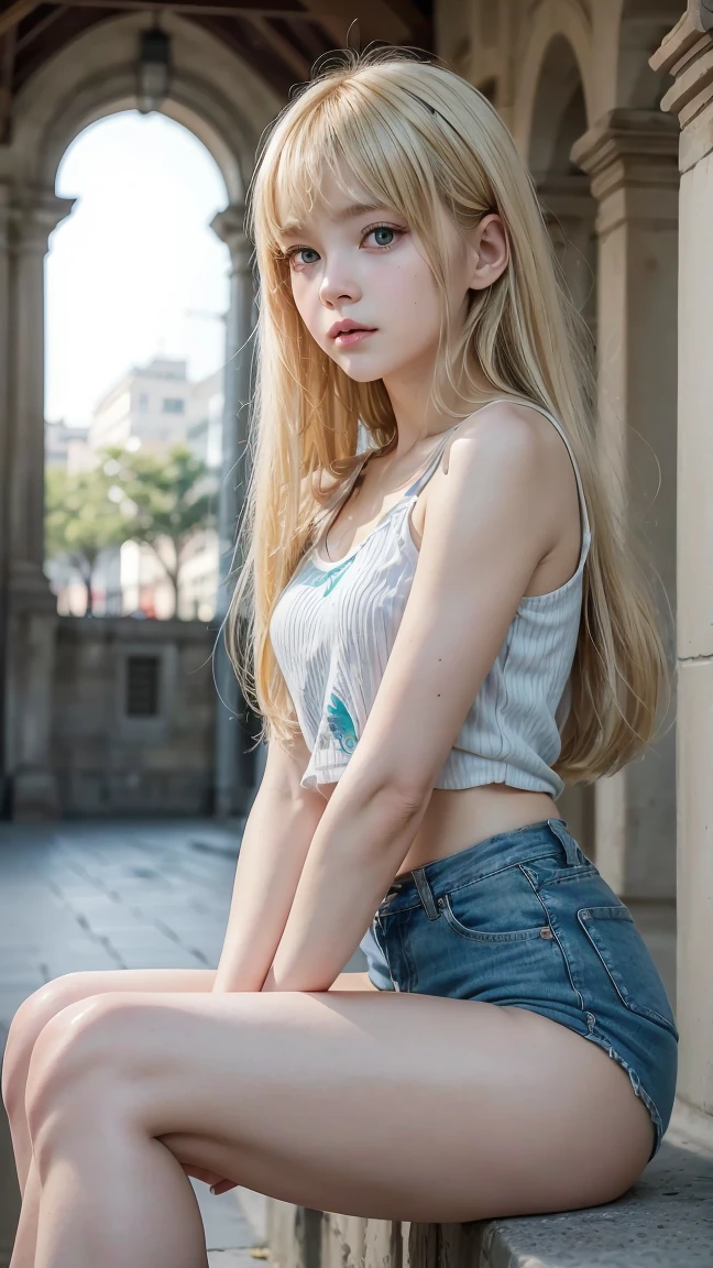 (masterpiece), (Highest quality, High resolution, Very detailed, figure), One girl, alone, city, Contemporary, Profile picture close-up, Blonde beige long hair, Green Eyes, Beautiful attention to detail,Soft and sexy lips, Her lip to サマーコレクションを着て,squat, 8k Raw Photo:1.5, Trending on Art Station, Featured on Pixiv