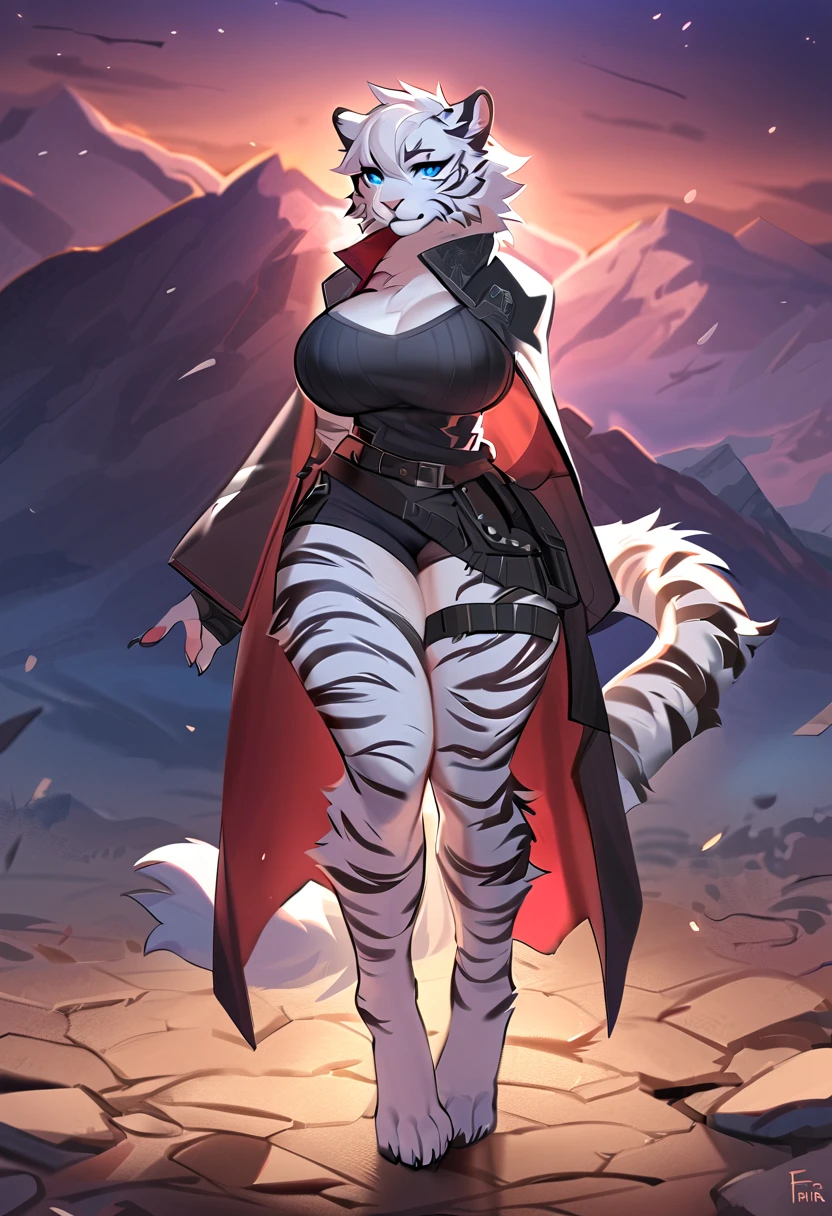 woman, Blue and White TIger Samurai with tattered worn cloak standing in a fierce , highly detailed, photorealistic, unreal engine, combat stance. unreal engine 5, hyper-realism, Nvidia Geforce 4090TI ,Katana, snow mountains in the backround, magical power