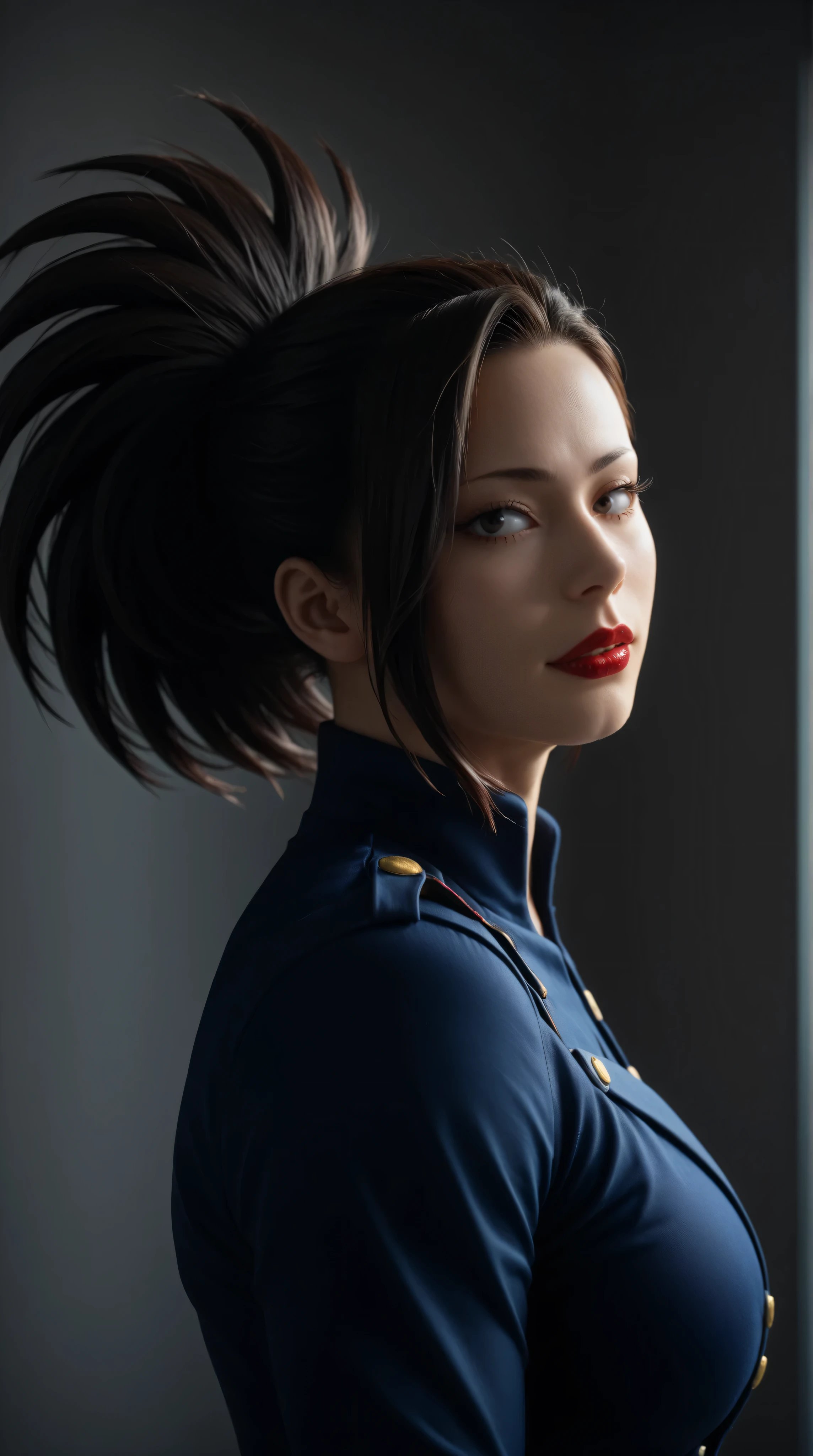 Momo from My Hero Academia with Athletic muscular toned Body and gigantic breast,young,Japanese race,original hair,glossy skin,bright dramatic lighting,red lipstick,mid level view, side profile, confident heroic expression,full hero uniform,sfw,eyes looking at camera
