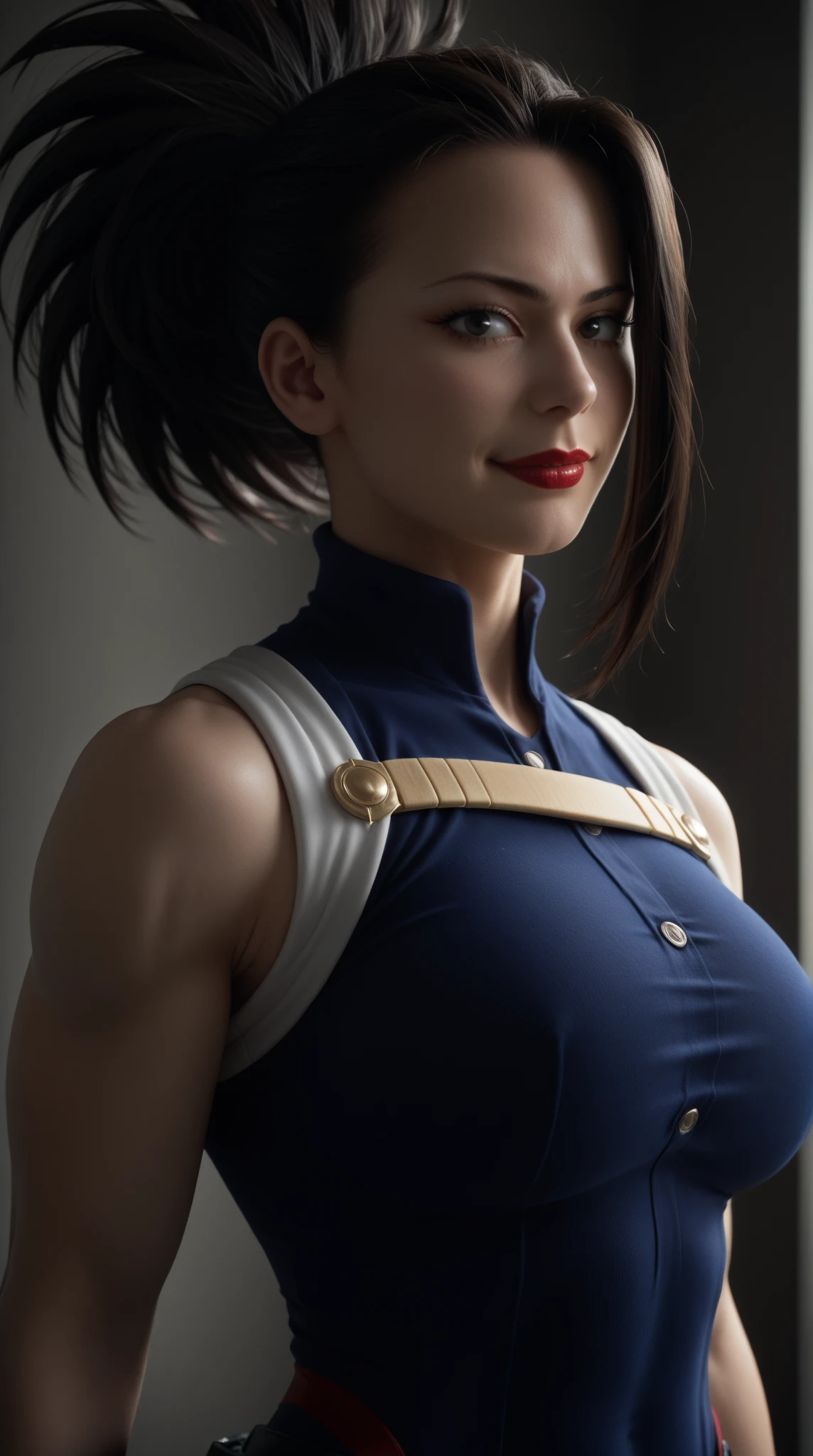 woman, black longbob Haircut, blue eyes, blue corset,  big  breast, whiteshoulder pads,gold earring loops, sideveiw, two mens standing in backaround