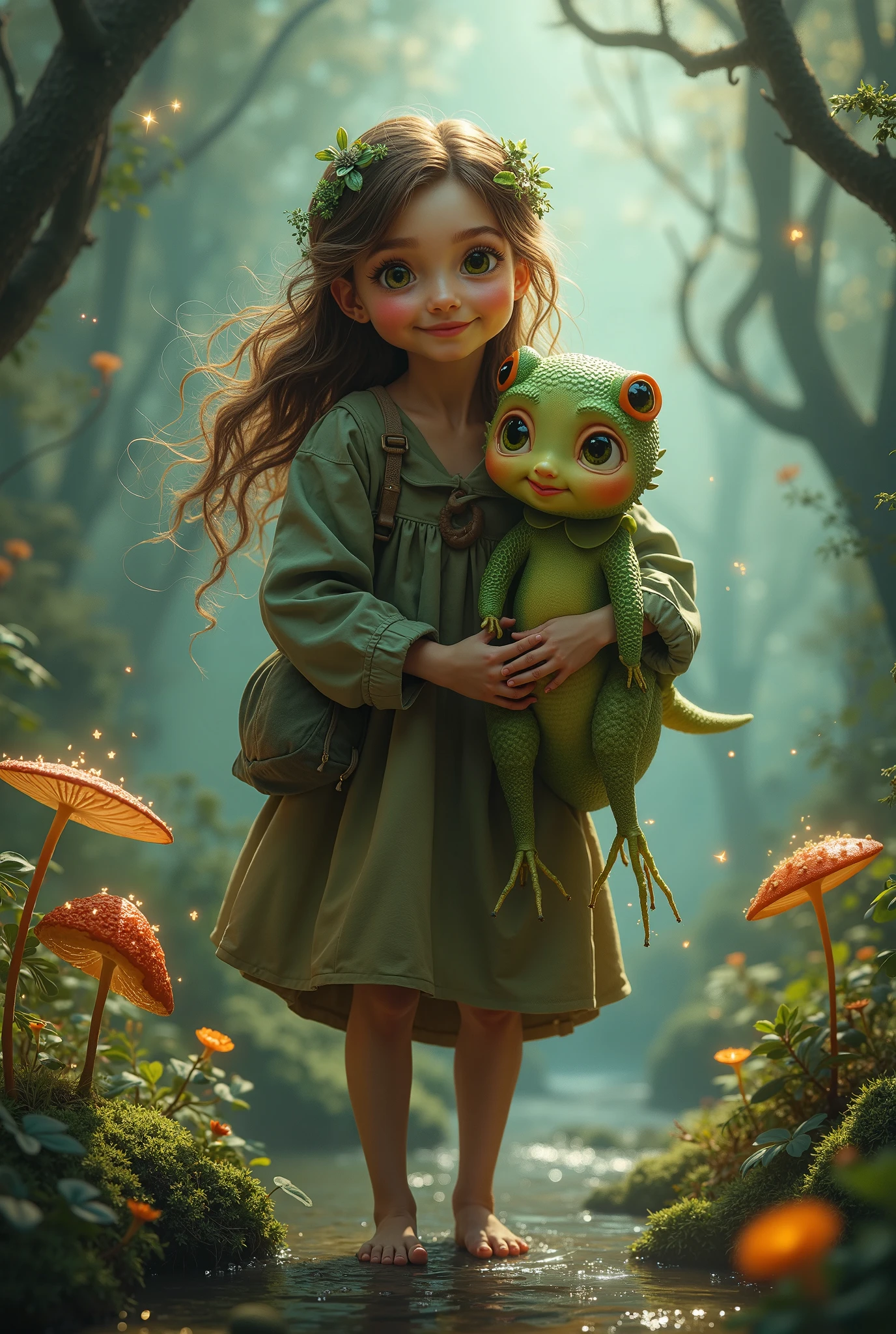 An anime barefoot teenage girl wearing a frog costume sitting on a log in the swamp.