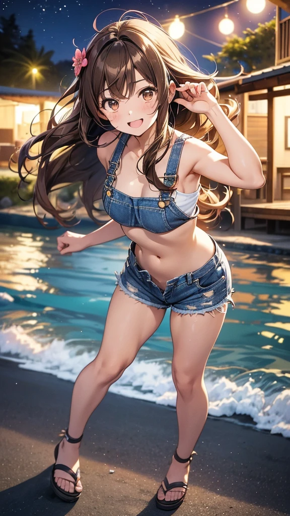 1girl, loli, long straight hair, parted bangs, garden, artificial pond, full body, :<, (nipple contour:1), bokeh, red bow tie, white semi-transparent camisole, midriff, (curvy legs:1.2), fluffed hem shorts, blue eyes, detailed eyes, brown skin, (shiny skin:1), (slim waist:1.5)