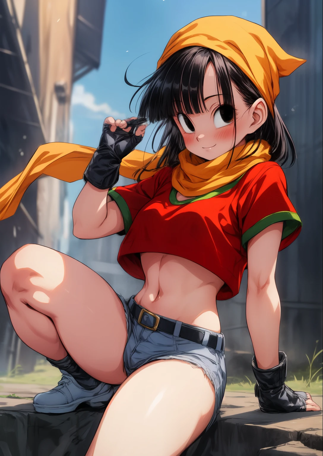 masterpiece, bandages, the highest quality , photorealistic, Perfect anatomy, perfect face, perfect eyes,
pandballgt, 1 , black eyes, black hair, short hair, orange scarf, pants, fingerless gloves, red shirt, Crop top, exterior, , Women,((Show panties)), ((show legs)),pose sexy