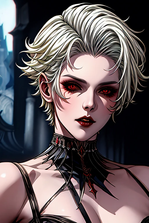 Woman with white hair and red eyes in black outfit, Vampire Girl, Dark, But detailed digital art, dark fantasy style art, Portrait of a vampire, androgynous vampire, Dark art style, style of charlie bowater, gothic horror vibes, tom bagshaw artstyle, gothic art style, dark fantasy portrait, neoartcore and charlie bowater  сольный фокус, ,  игривое лицо