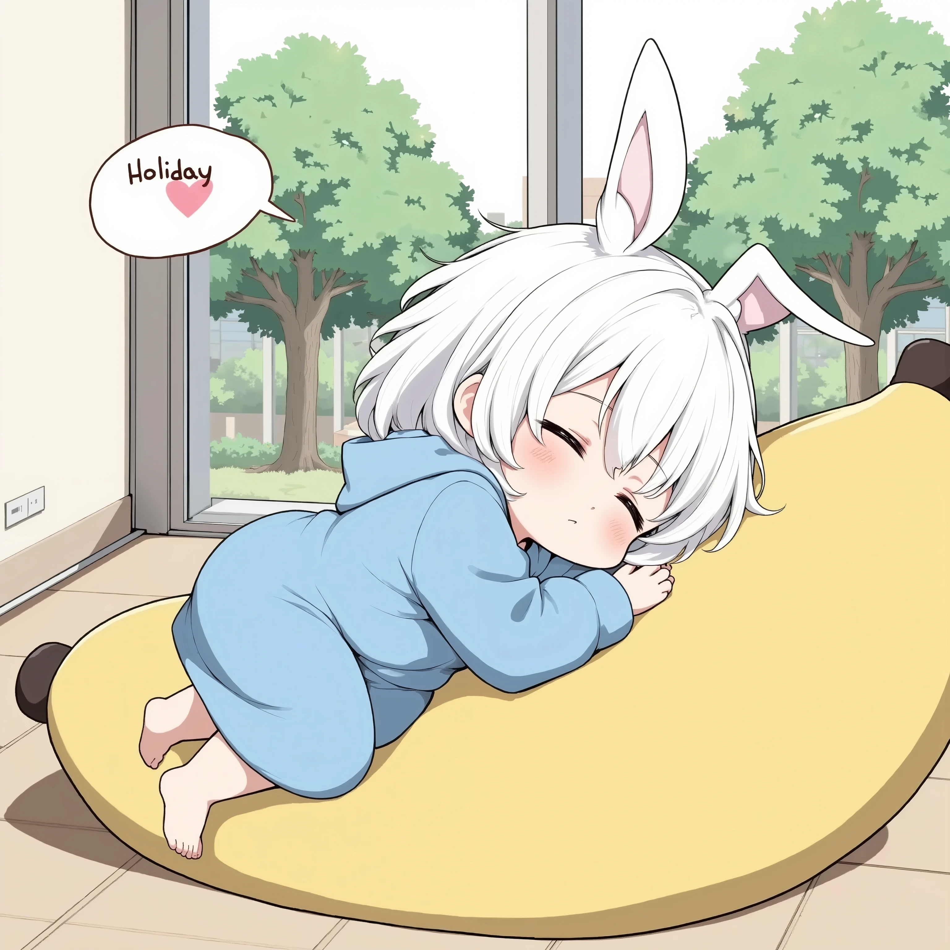 Sleepy little character wearing a blue wide-fit knee-length hoodie,She is lying on a large banana bead cushion.
Both hands are placed behind the head.
Above her is a speech bubble that says "Holiday" and a heart symbol. Her face looks very weak. modern japanese room , big tree from the window,A peaceful atmosphere of everyday life.