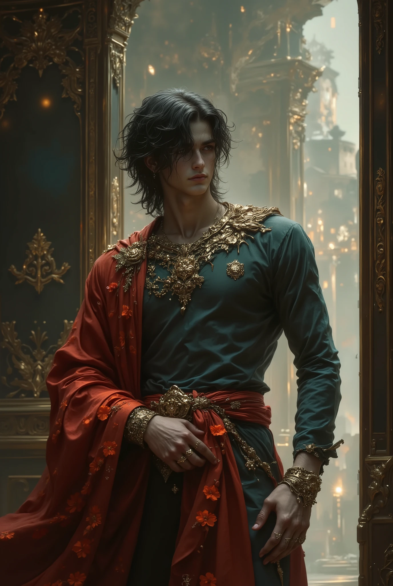 an elegant greek man, age 18, digital painting in the style of Robert Liberace, serenely posed, raven black, styled in a modern, tousled cut, with medium-length strands that fall naturally in soft, wavy layers. , male, very young, Handsome, standing between two ornate columns, wearing a red poppies loincloth and teal Turtle Neck tight Long Sleeve Male Tee Shirts, fantasy, intricate, elegant, highly detailed, digital painting, Art Station, conceptual art, soft, sharp focus, illustration, art by Robert Liberace, Gaston Bussiere and Alphonse Mucha, Klimt.