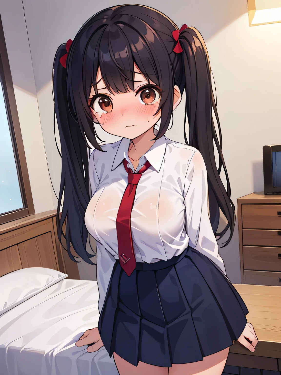 Masterpiece, highest quality, high resolution, shojo manga touch, shojo manga core, ((big breasts, 150cm tall, big eyes, brown eyes, black hair, short twin tails)), ((white dress shirt, navy blue pleated skirt, red tie)), ( girl, small-faced loli), surprise, blushing, tears, 1 girl,