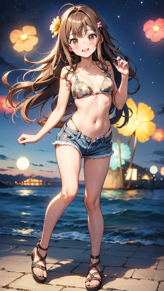 (high resolution, full body, soft skin:1.2),(best illustration,masterpiece:1.2),ultra-detailed,[(cat ears , grey inside:1.2, green eyes),vivid colors,sharp focus,portrait,misty lighting,bokeh, wearing a plaid bikini, amusement park beach waterfront, ferris wheel in background, low light, smiling, 