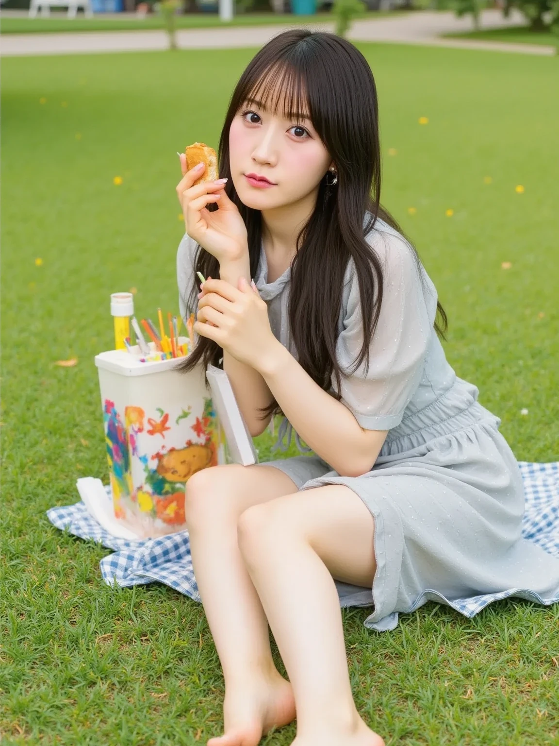 A Japanese woman sitting on a picnic blanket laid out on the grass in a park, her legs bent as she sits comfortably. She holds a sandwich in her hand, bringing it close to her mouth, and a bento box filled with sandwiches is placed nearby. The scene is bright and peaceful, with green grass, soft natural light, and a calm atmosphere, realistic photography style, 4K, high detail, vibrant colors