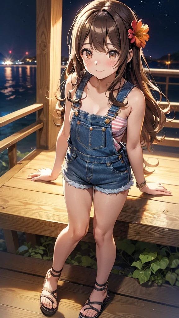 1_girl, solo, Maki: ore no imouto ga konna ni kawaii wake ga nai, 25-yers-old girl with wavy brown hair wearing sexy denim overalls shorts and flower pattern bikini top with sandals cove at night, smiling,  standing or with her head slightly tilted down, eyes softly gazing downward, and hands gently touching her face