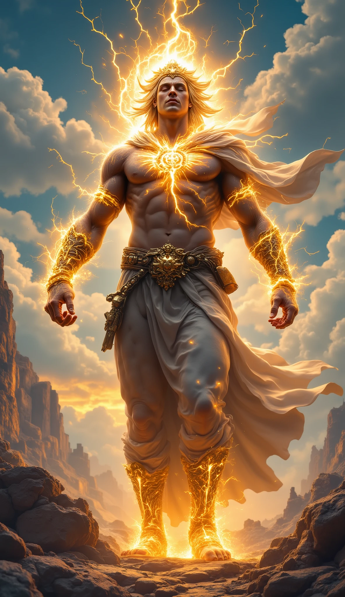 create a pale-bodied storm cleric male , white hair and yellow lightning tattoos all over his body, your face is younger and more attractive