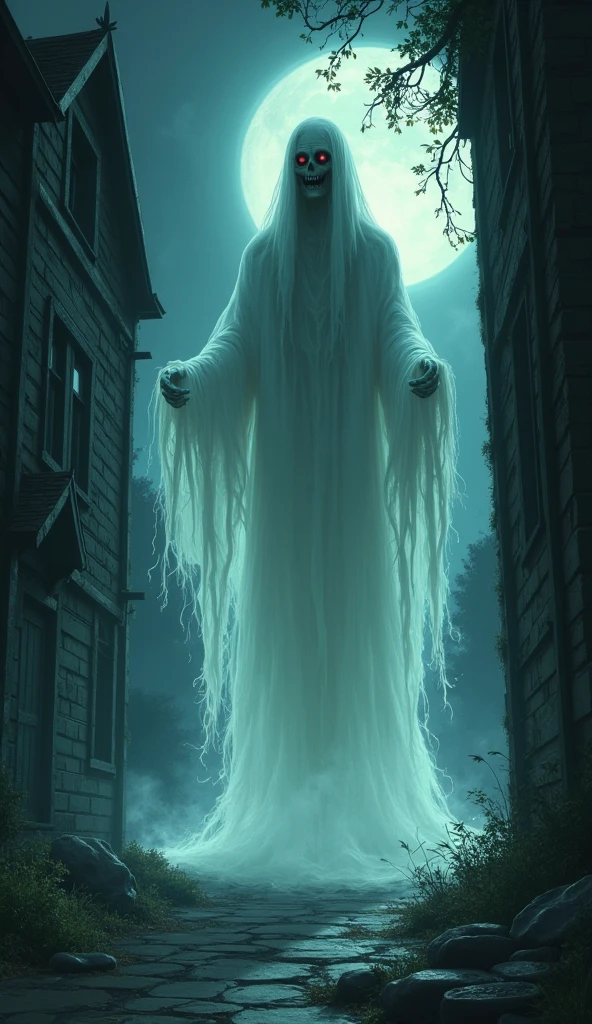 **Prompt:** Create an ultra-realistic 8K resolution image of Ittan-Momen, a mythical creature from Japanese folklore, depicted in a haunting, ethereal form. The Ittan-Momen appears as a long, flowing strip of cloth that floats eerily in the night sky. The cloth has a ghostly white hue, with tattered edges that trail behind like wisps of smoke. Its form is serpentine, coiling and twisting as it moves through the air, creating a sense of otherworldly motion.
The face of the Ittan-Momen is barely visible, shrouded in darkness, with hollow eyes that emit a faint, ominous glow. The creature's expression is menacing, as if it is searching for its next victim. The background is a desolate, moonlit landscape with a full moon hanging low in the sky, casting an eerie light over a lonely road that stretches into the distance. The scene is filled with a sense of dread and unease, capturing the malevolent nature of this supernatural being as it silently stalks its prey in the dead of night.