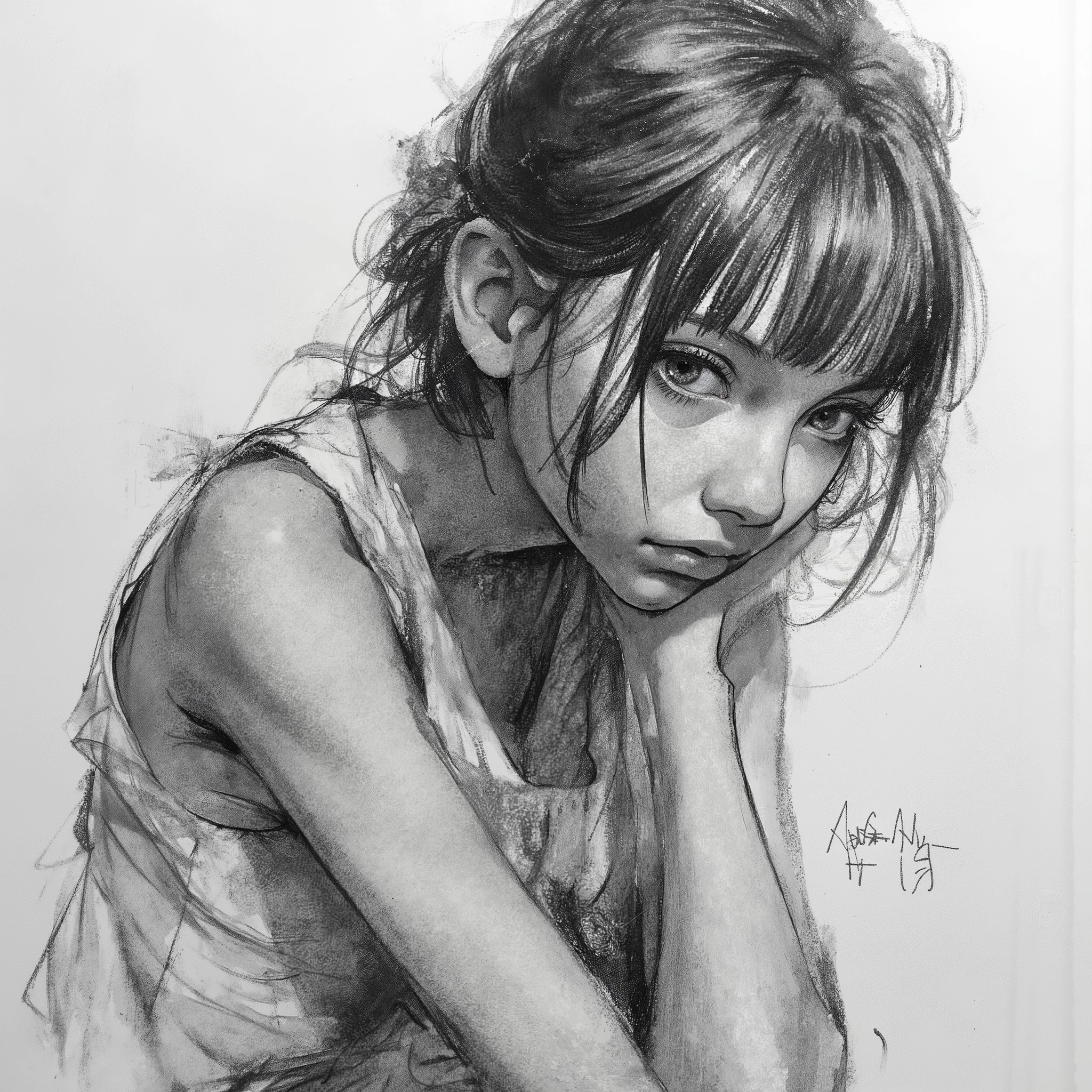 High quality, charcoal sketch, artwork, manga: 1.23, authentic: 1.1, ((a simple girl with a melancholic expression resting her chin on her hand)), lyrical atmosphere, exquisite and precise strokes, new expressionism, pose from head to shoulders, natural light from the upper left, light and shadow, soft medium hair, eyelashes, small ears, sleeveless blouse, rough drawing, drawn with minimal strokes.
