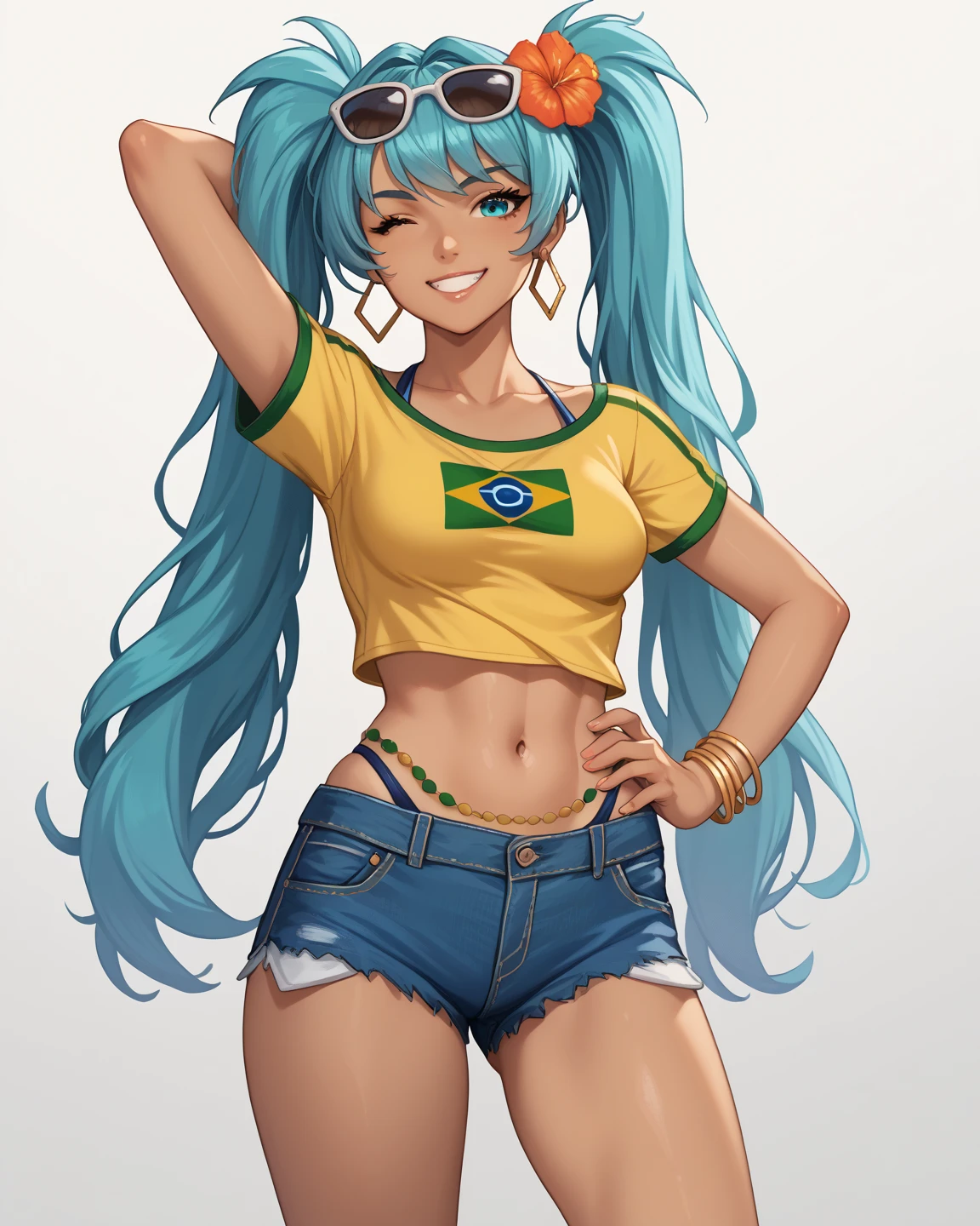  score_9,  score_8_arriba,  score_7_arriba,   source  _animated, Alone , 1 girl, Brazilian, dark-skinned woman,  tanned ,  smile,  looking at you , Standing,  hand on the hip ,  arm behind the head,  twin tails,  hair flower,  sunglasses,  glasses on the head, aqua eyes,  an eye closed ,  yellow shirt,  short shirt, short sleeves, swimsuit,  shorts azules,  jeans,  shorts,  hoop earrings , bracelet,  collarbone,  midriff,  , 
 Multiple views , 