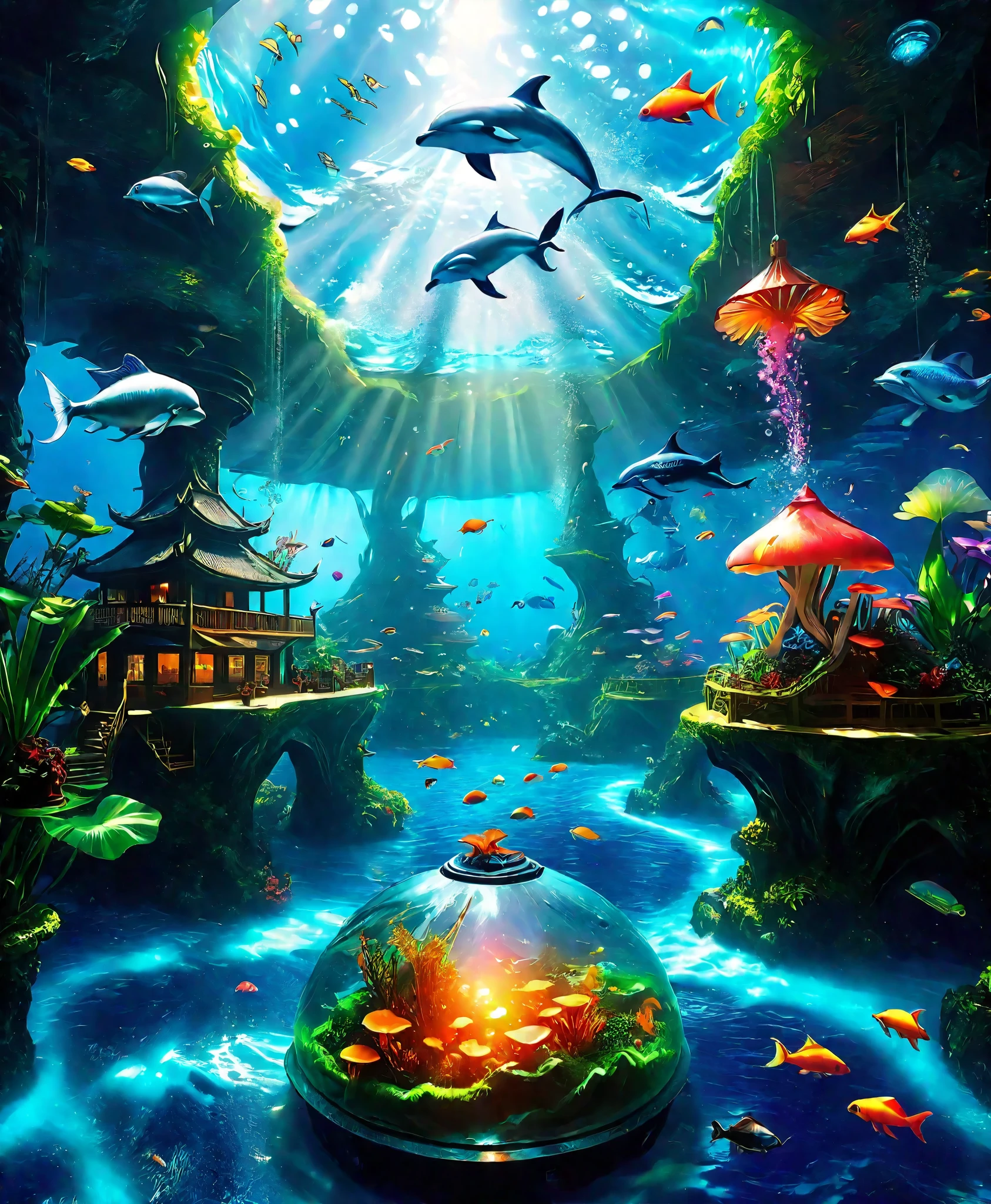 Large, future, the floor with restaurants , Each floor has its own unique world , people々 where the restaurant is enjoyed , The pale blue floor is 、 and the rooftop is a fantastic aquarium where dolphins and colorful tropical fish live, the dark floor is a world of glowing mushrooms and jellyfish , and the roof is a fantastic aquarium where lava flows down due to an erupting volcano . dwarf, Fairy, elves and luminous butterflies 々.