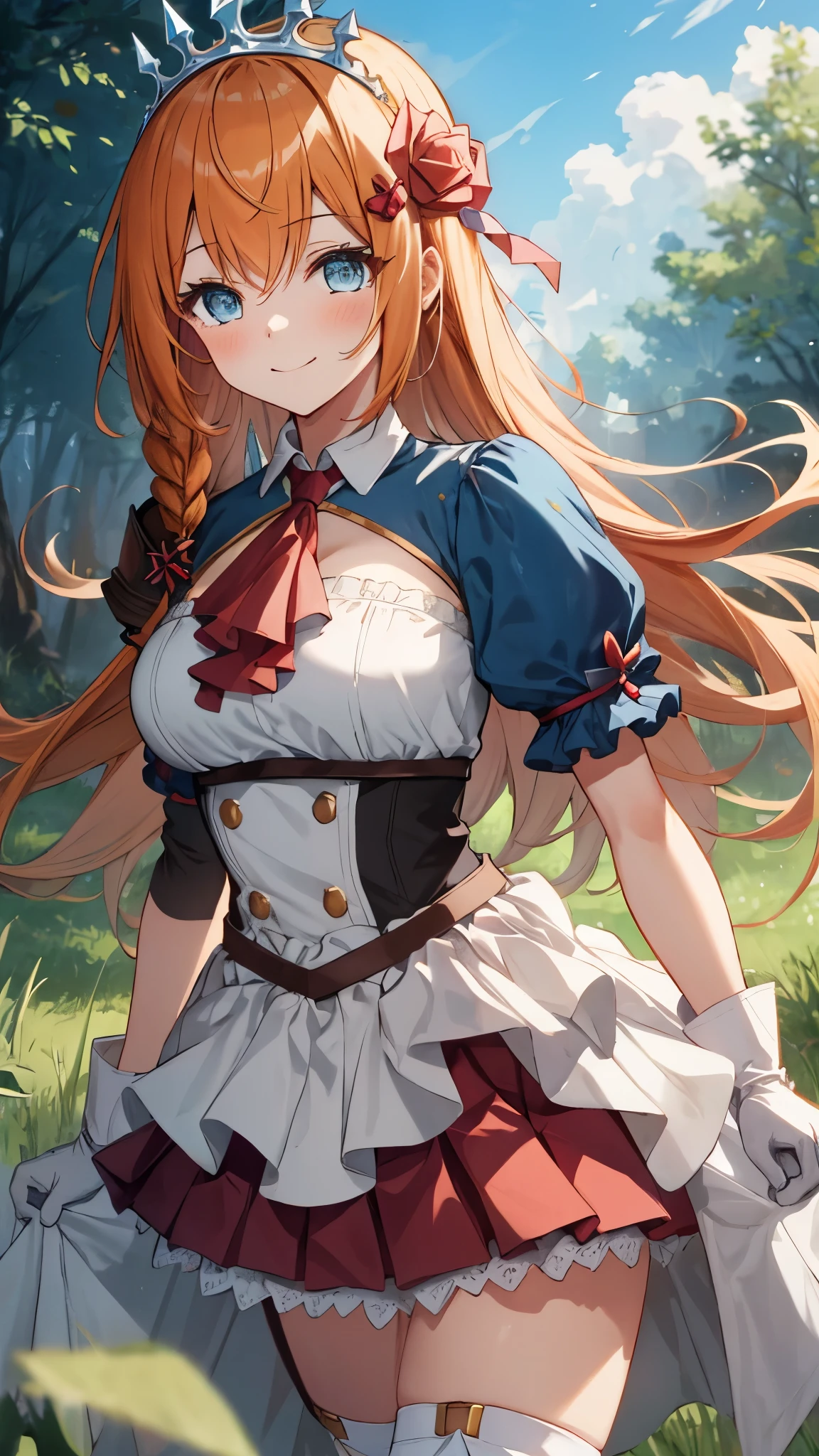 masterpiece, best quality, ultra-detailed, illustration, extremely delicate and beautiful, (beautiful detailed eyes), extremely detailed face, extremely detailed CG, (perfect anatomy), 16k, anime face, Pecorine(Princess Connect!), 1 girl, cute face, blue eyes, hair ornament, long hair, orange hair, tiara, braid, hair braid, ahoge, medium breasts, thin waist, big hips, curvaceous, arm belt, armor, ascot, blue socks, boots, dress, gloves, hair ornament, open clothes, open dress, pauldrons, pleated skirt, puffy short sleeves, puffy sleeves, red ascot, red skirt, white petticoat, short sleeves, shoulder armor, single pauldron, skirt, socks, white dress, white footwear, white gloves, smirk, blush, looking at viewer, outdoor, sky, daytime, forest, field