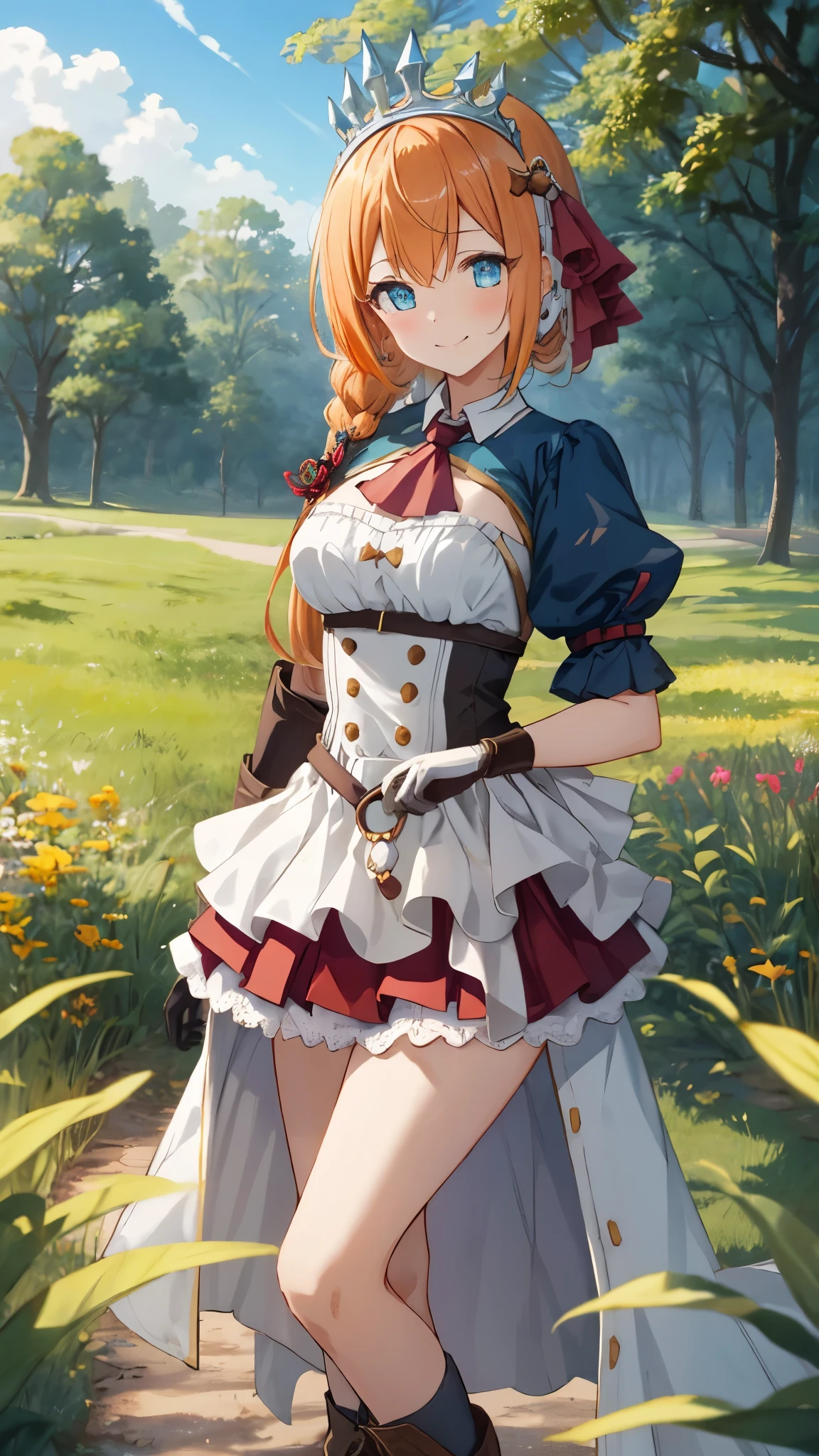 masterpiece, best quality, ultra-detailed, illustration, extremely delicate and beautiful, (beautiful detailed eyes), extremely detailed face, extremely detailed CG, (perfect anatomy), 16k, anime face, Pecorine(Princess Connect!), 1 girl, cute face, blue eyes, hair ornament, long hair, orange hair, tiara, braid, hair braid, ahoge, medium breasts, thin waist, big hips, curvaceous, arm belt, armor, ascot, blue socks, boots, dress, gloves, hair ornament, open clothes, open dress, pauldrons, pleated skirt, puffy short sleeves, puffy sleeves, red ascot, red skirt, white petticoat, short sleeves, shoulder armor, single pauldron, skirt, socks, white dress, white footwear, white gloves, smirk, blush, looking at viewer, outdoor, sky, daytime, forest, field