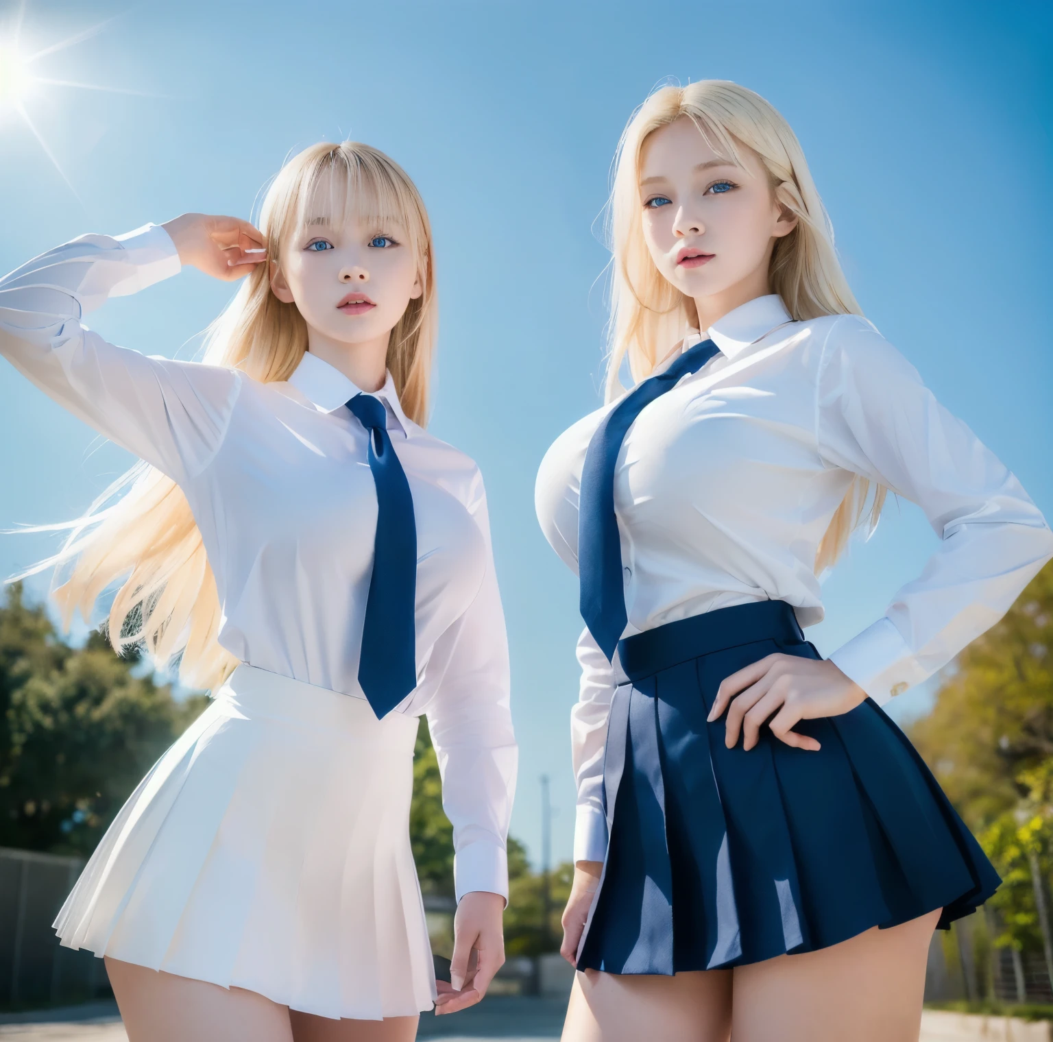 ulzzang-6500-v1.1, (top quality, masterpiece), (raw photo: 1.2), (photorealistic: 1.4), highest quality, master, very tasty and beautiful, highly detailed CG, 8k wallpaper, amazing fine details, master masterpiece, official art, huge file size, high resolution, 2-3 girls, ( snugly next to each other without separation between characters), (there is no break in one piece), teens to thirties, (representation of the human body based on precise anatomy), intricate details, Japan schoolgirl uniform, (neat white blouse of smooth sheer fabric with ribbon tie), (ultra mini navy blue tartan check pleated skirt), ( Everyone is wearing the same clothes), (tightly dressed), (less revealing upper body), (white panties), (fastening all buttons of the blouse)), blonde, (((very large breasts)), (very large women), (very large), (cramped clothes), (no bra), (area shows through skin tone), (pink areola), small tingles, (big buttocks) , (thin thighs), very beautiful eyes, bright ultramarine eyes, (detailed pupils reflecting light), (the iris of the eye is painted in detail with a fine radial pattern), (the expression of the whites of the eyes is slightly dark), (the upper 30% of the eyes have shadows), no makeup, snug, No makeup, natural eyebrows, realistic shading assuming a light source, cute girl and mature woman beauty, (whitening skin), baby face, smile, long hair half-braid, ((Backwards Pose)), ((Turn Back from Back)),((Show off your buttocks)),Snuggle,Stick your cheeks together,Cross your arms like a lover,Look at your partner,Beautiful garden with flowers, clear sunshine,