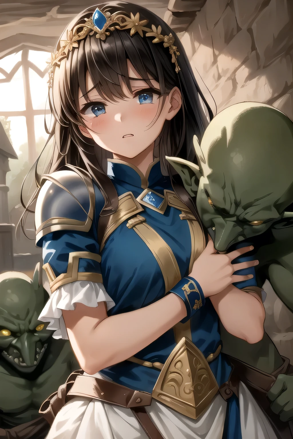 、( masterpiece、 top quality 、 super high resolution )、( perfect face 、 beautiful face、 beautiful eyes)、( comics、 manga 、story)、armor、 flower headdress with death spots 、Ruins、 Imprisonment、Prisoner、Battle with Goblins 、Goblins Attack Women 、 Goblins Grab Human Women 、 goblins hug human women 、 women hate it 、Woman crying、(((Two men、 woman 1 person,))、