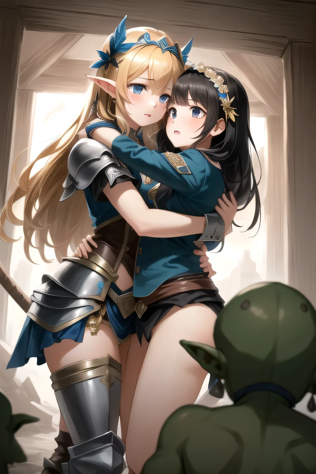 、( masterpiece、 top quality 、 super high resolution )、( perfect face 、 beautiful face、 beautiful eyes)、( comics、 manga 、story)、armor、 flower headdress with death spots 、Ruins、 Imprisonment、Prisoner、Battle with Goblins 、Goblins Attack Women 、 Goblins Grab Human Women 、 goblins hug human women 、 women hate it 、Woman crying、(((Two men、 woman 1 person,))、