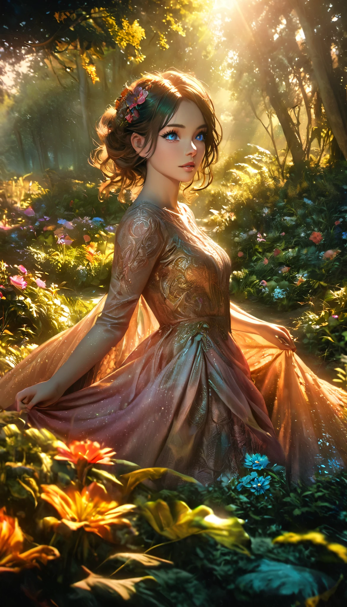 Beautiful Forest Dawn ,  idyllic,  magical,  Majestic ,  Spectacular Lighting , 8k, 1 girl,  detailed face,  detailed eyes, detailed lips, long eyelashes,  Beautiful Dress , Quiet look, Bushes green,   colorful flowers,  sun rays , photorealistic,  cinematic , Warm colors,  Dramatic Lighting, intricate details