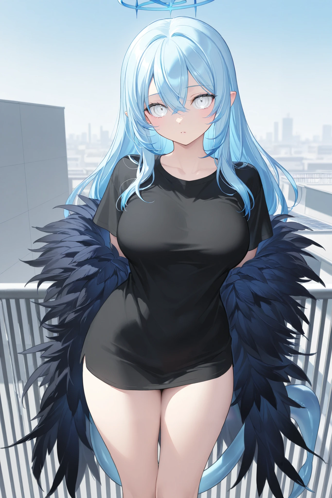 older girl, long blue curly hair, eyes, chain around neck, shoulders, SWEATSHIRT, LEGGING PANTS, big chest, belly, thin waist, thick legs, thick thighs, background scenery random looking at viewer