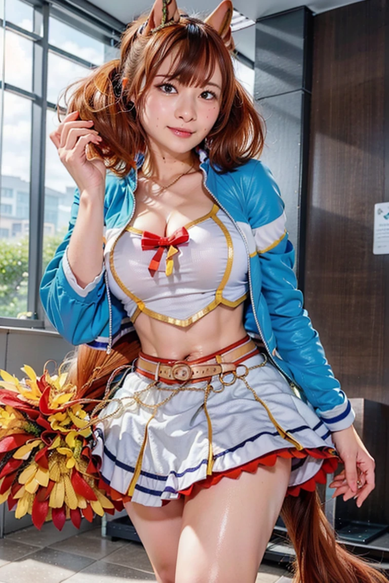 (Idol stage outfit、Idol Stage Costumes、Idol Stage Cosplay、Idol stage uniform、Flared mini skirt with slits、boots)、1 girl、Bob Hair、Side Ponytail、Medium breast、smile、masterpiece:1.3、Raw photo、Highest quality、Detailed Images、Detailed Background、Shot to the knee、