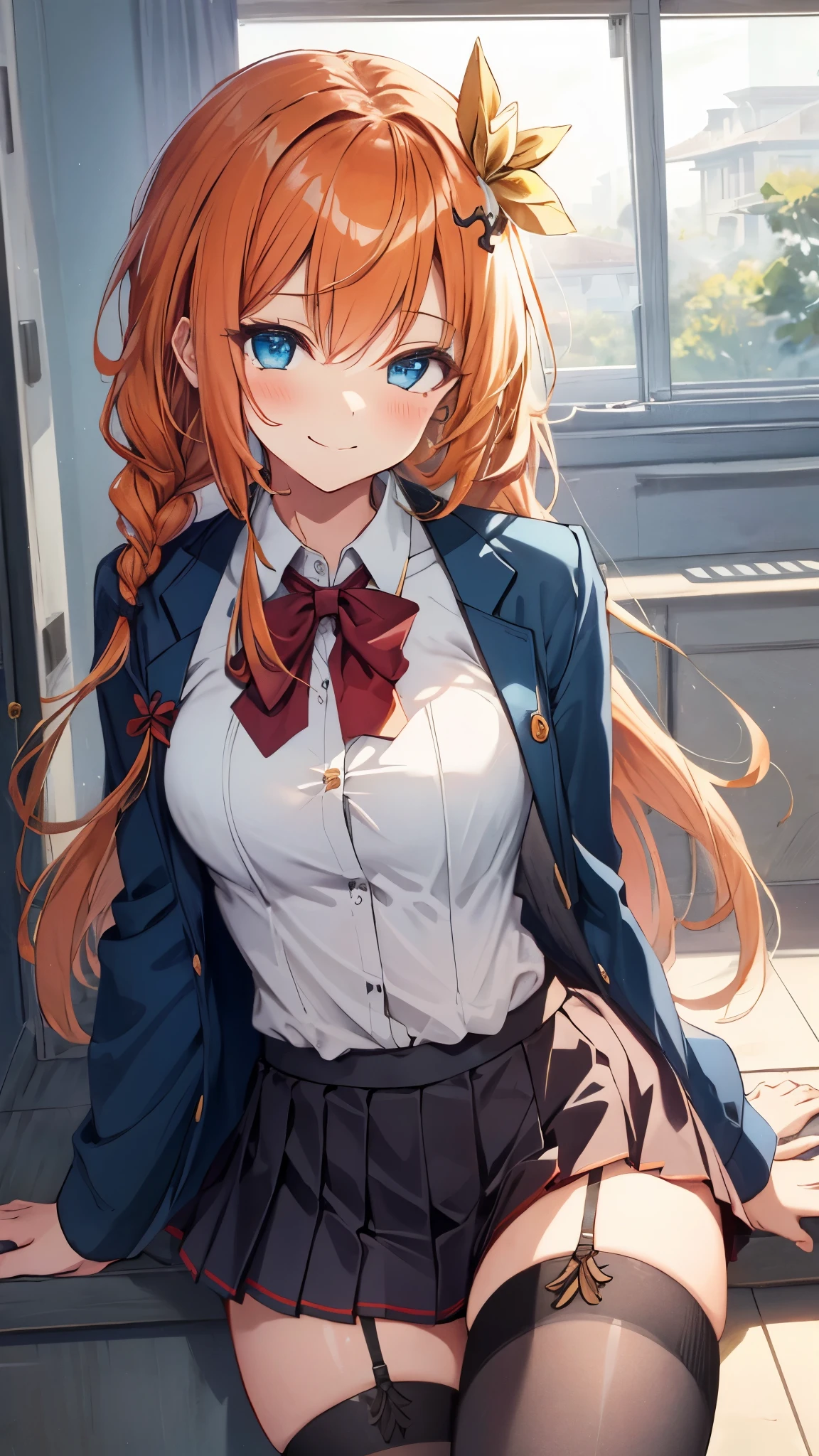 masterpiece, best quality, ultra-detailed, illustration, extremely delicate and beautiful, (beautiful detailed eyes), extremely detailed face, extremely detailed CG, (perfect anatomy), 16k, anime face, Pecorine(Princess Connect!), 1 girl, cute face, blue eyes, hair ornament, long hair, orange hair, braid, hair braid, ahoge, medium breasts, curvaceous, smirk, blush, looking at viewer, school, school uniform, white button-up shirt, pleated miniskirt, thigh highs