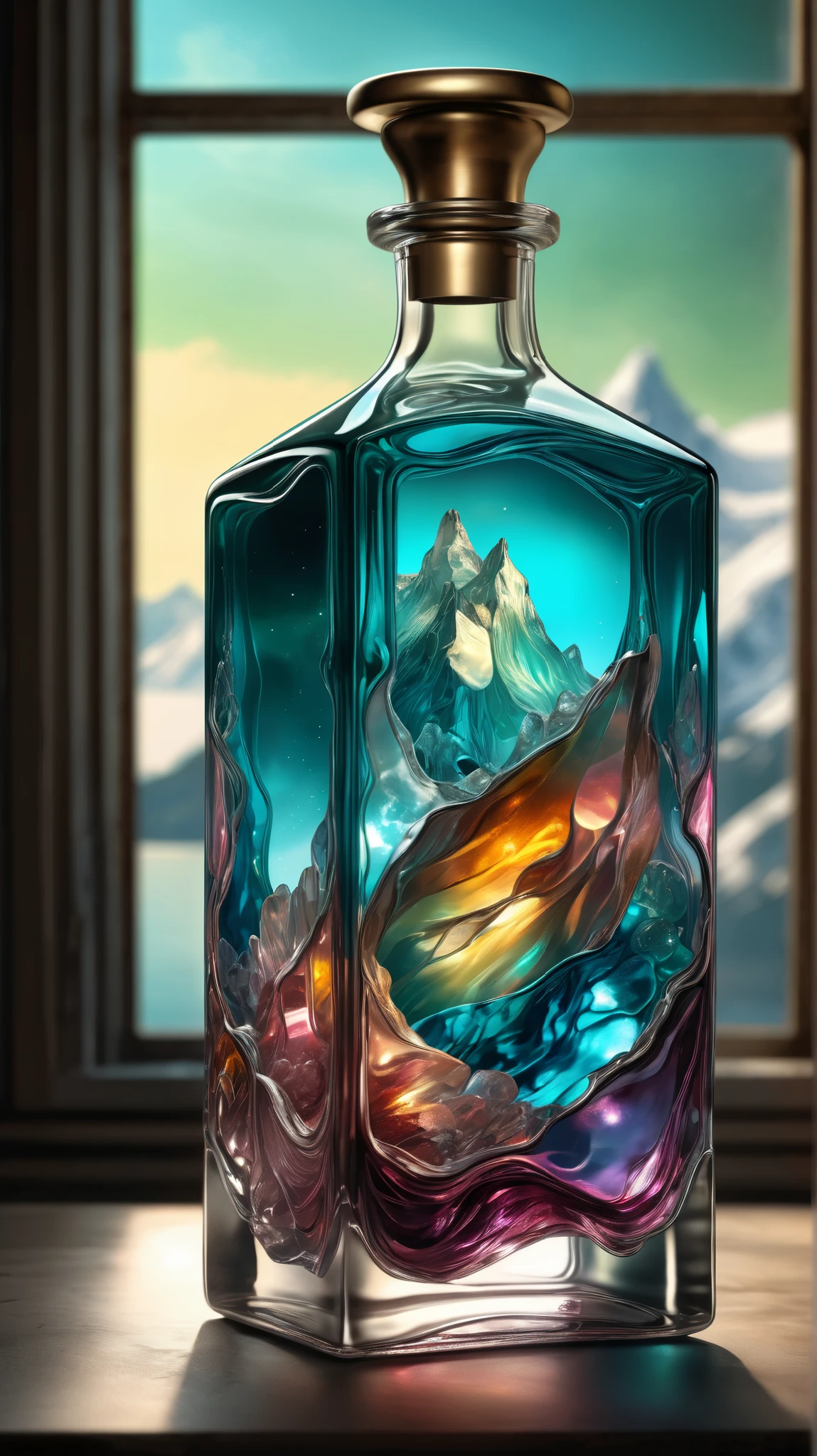 Vadim Kacin and Alberto Seveso 、 Mark Simonetti 、Jeremy Geddes、 by Gediminas Plankeviciu 、, Close up of a stunning crystal clear stained glass bottle with an aurora fjord inside。 Intricate and Highly Detailed Photorealistic Digital Painting , Artistic Art , Album Jacket Art, Amazing depth, Magical Aurora Lights , Filigree Motifs , Perfect Balance Style , Beautiful and Impressive Masterpiece 、 by the person responsible for Prompt