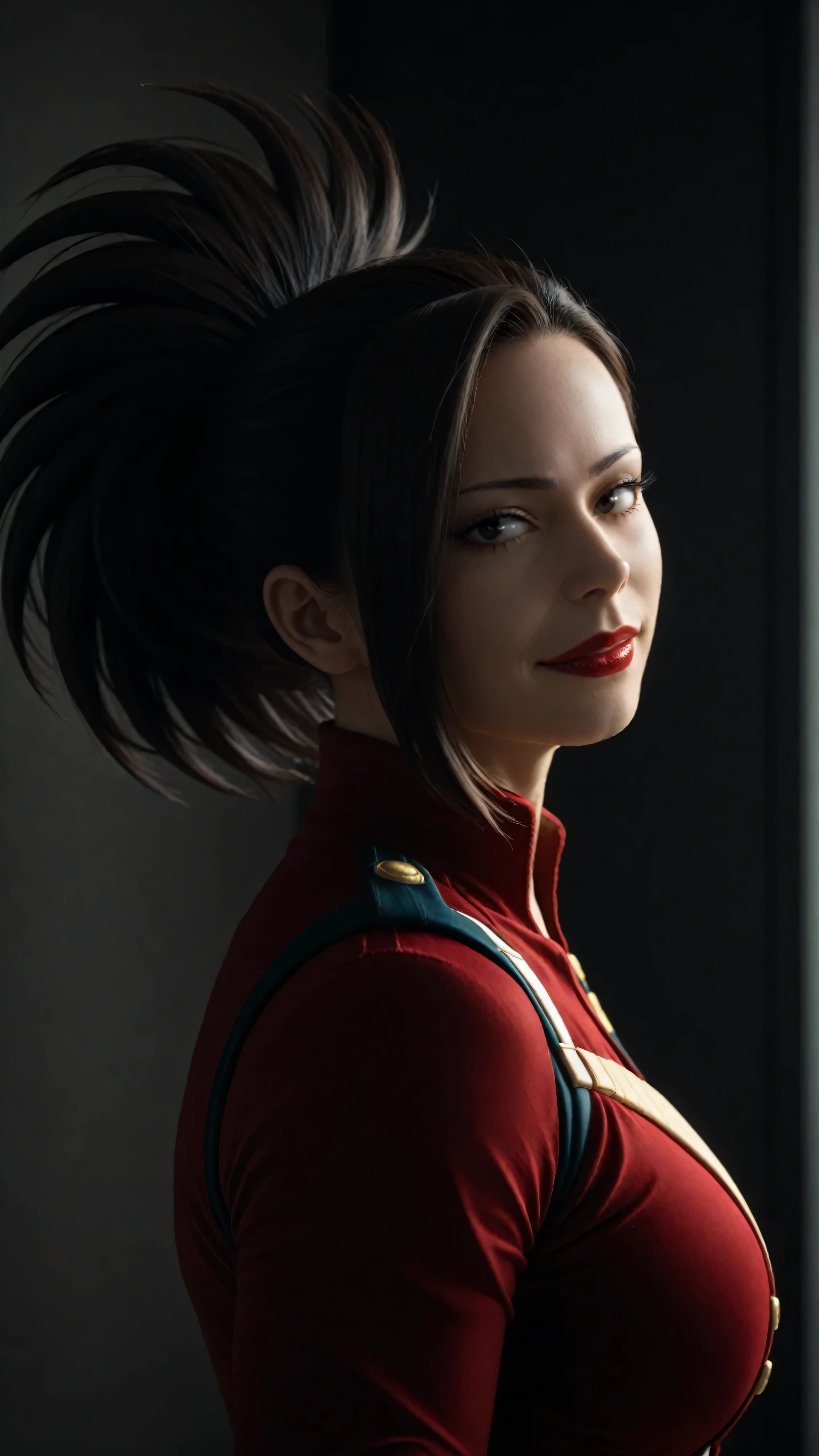 Momo from My Hero Academia with Athletic muscular toned Body and gigantic breast,young,Japanese race,original hair,glossy skin,bright dramatic lighting,red lipstick,mid level view, side profile, confident heroic expression,smirk,full hero uniform,sfw,eyes looking at camera