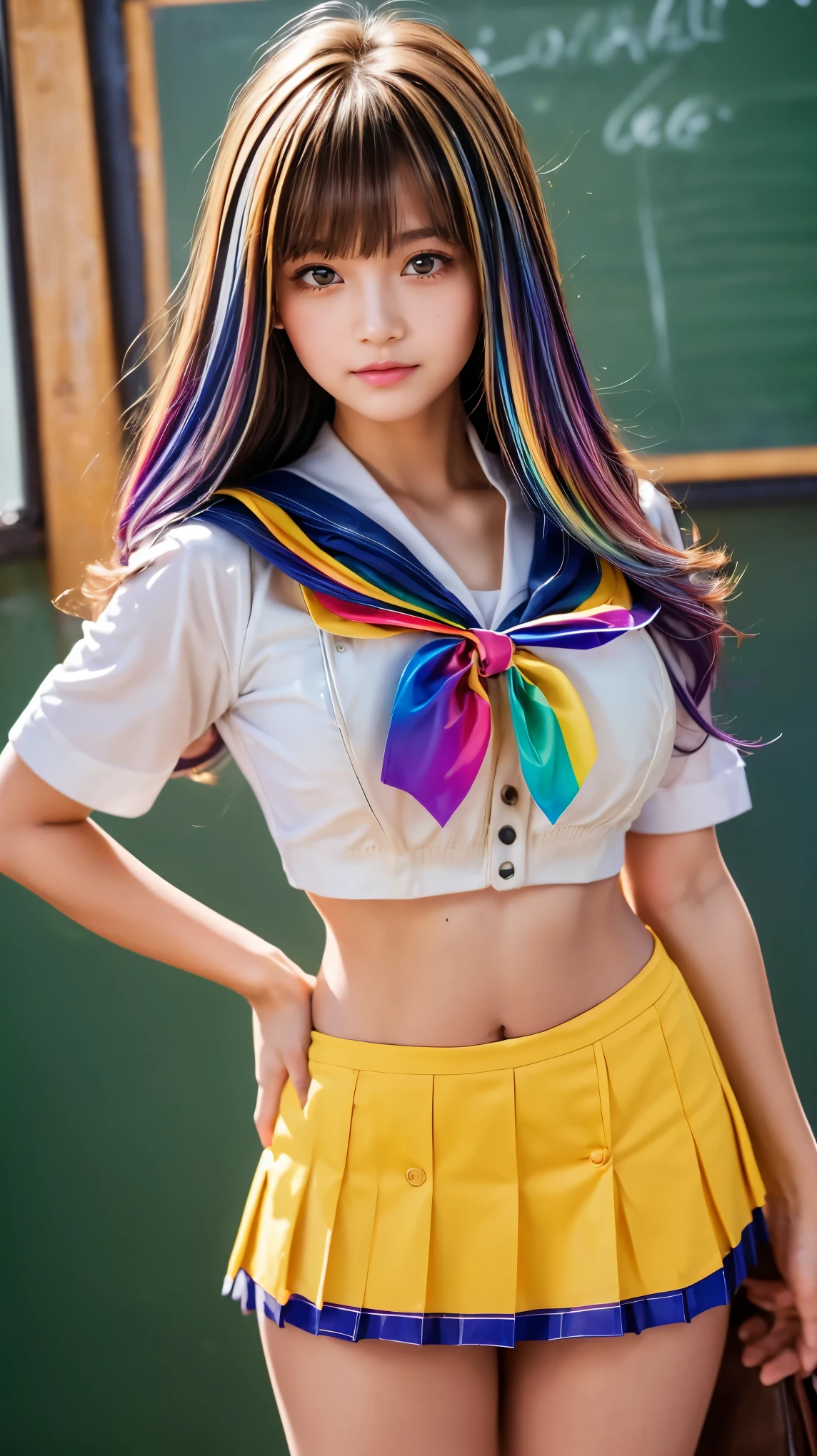 ((32K:1.8,Photographically:1.8,Masterpiece,Top Quality:1.8,Ultra High Quality)),Ultimate and perfect dynamic composition,High quality,Excellent anatomy,Beautiful woman,Pin-up Model,(Proportionate figure:1.3),Smile,High school girl,
Front view,(Cowboy shot),(Composition that emphasizes thighs:1.4),
(High school girl sailor suit:1.4),(Tie:1.2),Shirt,Blazer,Cardigan,Deep waistline,(Yellow super super short mini skirt:1.5),
Very beautiful face,Cute type,Baby face, slightly rounded face, big eyes, big natural color lips, big beautiful eyes, green eyes, obvious double eyelids, small cute nose, emphasis on glitter around the eyes, (rainbow color gradient hair color: 1.4), long hair, asymmetrical beautiful bangs,
head tilt when the screen is full, best light, best shadow, mysterious, perfect face, smooth and shiny skin, super fine details, 8k resolution, attention to detail, beautiful hair and facial details, cinematic light, octane rendering, super realistic, perfect anatomy,
(beautiful legs, thighs, big breasts, beautiful hip line), (balanced model-like figure: 1.5),
(energetic schoolgirl movements: 1.4)