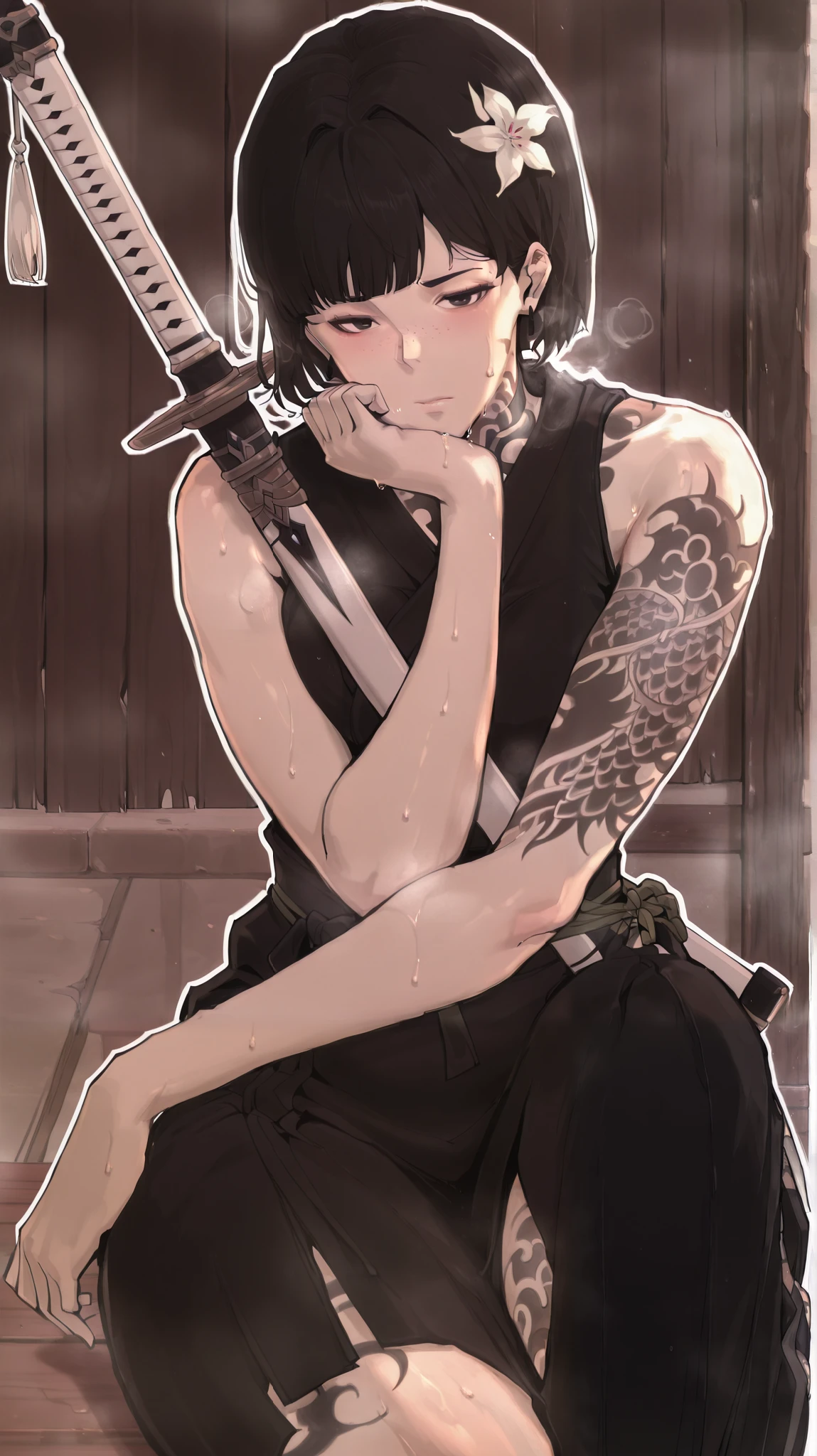(boingoo yin-style:1.4), (Luxu-style:1.2), anime coloring, anime screencap, masterpiece, high quality, absurdres, best quality, very aesthetic, newest, anatomical correct, HD, 4K, digital art, trending on DeviantArt, gasping, heavy breathing, excessive sweating, sweating, sweating profusely, gasping profusely, cinematic, ((skindentation)), ((voluptuous)), black hair, black eyes, short hair, freckles, bob cut, neck tattoo, earrings, blunt bangs, full-body tattoo, leg tattoo, arm tattoo, (anterdel-style), 1girl, weapon, solo, sword, tattoo, hair_flower, flower, katana, sitting, looking_at_viewer, arm_tattoo, bare_shoulders, head_rest, sheathed, closed_mouth, sheath, japanese_clothes, sleeveless, white_flower, half-closed eyes, ((white outline)), ((plump))