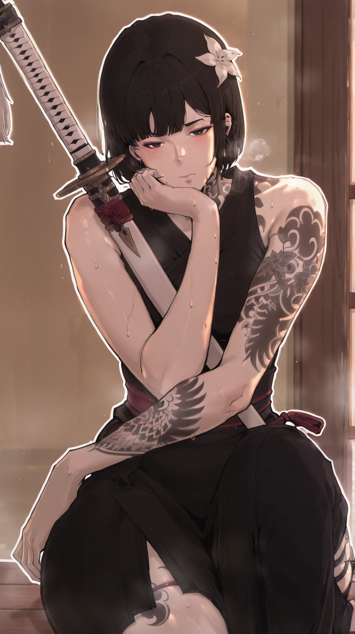 (boingoo yin-style:1.4), (Luxu-style:1.2), anime coloring, anime screencap, masterpiece, high quality, absurdres, best quality, very aesthetic, newest, anatomical correct, HD, 4K, digital art, trending on DeviantArt, gasping, heavy breathing, excessive sweating, sweating, sweating profusely, gasping profusely, cinematic, ((skindentation)), ((voluptuous)), black hair, black eyes, short hair, freckles, bob cut, neck tattoo, earrings, blunt bangs, full-body tattoo, leg tattoo, arm tattoo, (anterdel-style), 1girl, weapon, solo, sword, tattoo, hair_flower, flower, katana, sitting, looking_at_viewer, arm_tattoo, bare_shoulders, head_rest, sheathed, closed_mouth, sheath, japanese_clothes, sleeveless, white_flower, half-closed eyes, ((white outline)), ((plump))