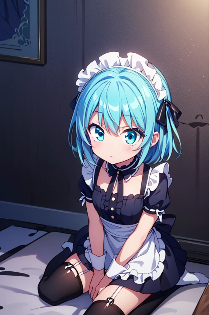 masterpiece, 最 high quality, high quality, exquisite, beautiful, short hair, Light Blue Hair, Aqua Eyes, Tsurime, sling,shiny skin, teenager , white and black maid outfit,ribbon, black knee socks