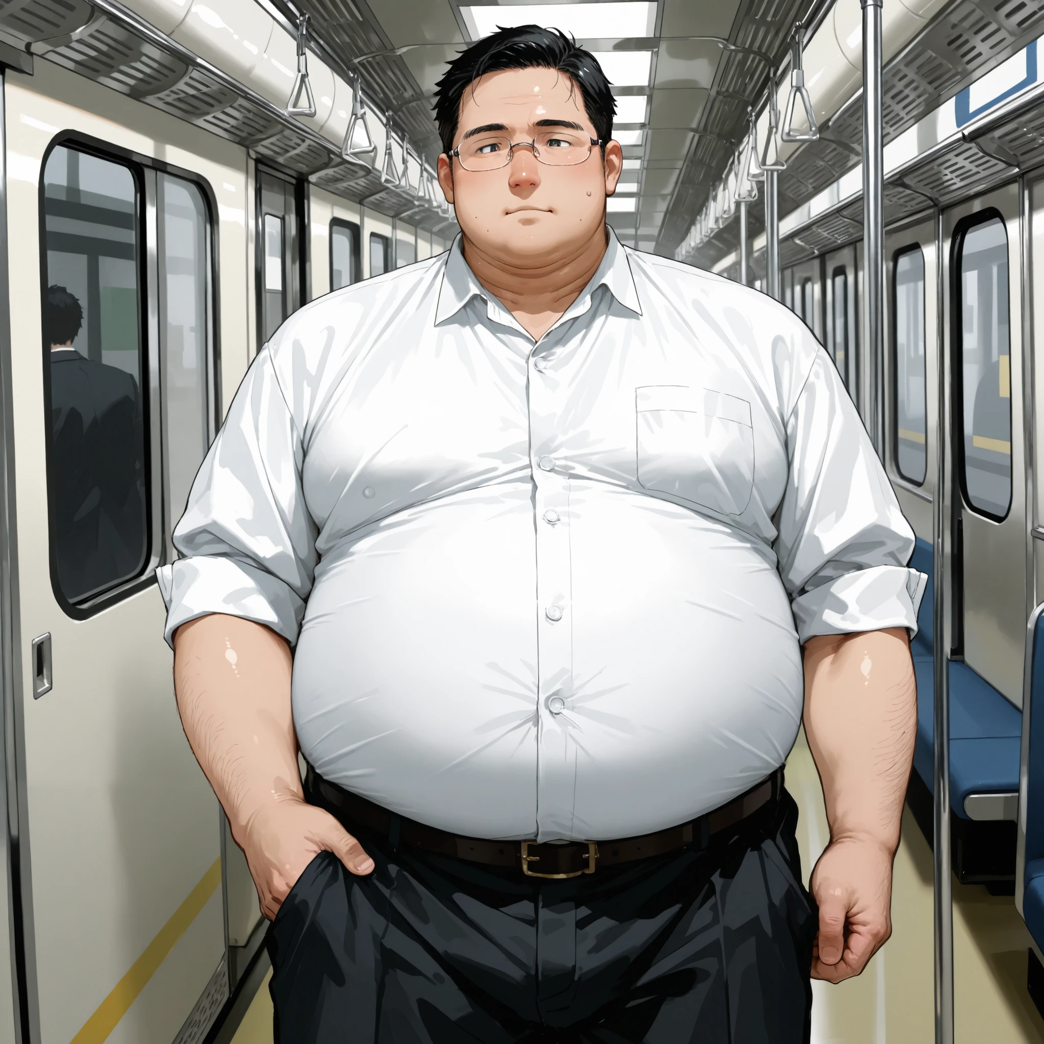 obese fat man,male focus,rimless glasses,black hair,japanese ,nose,(obese:1.3) train,teacher,standing