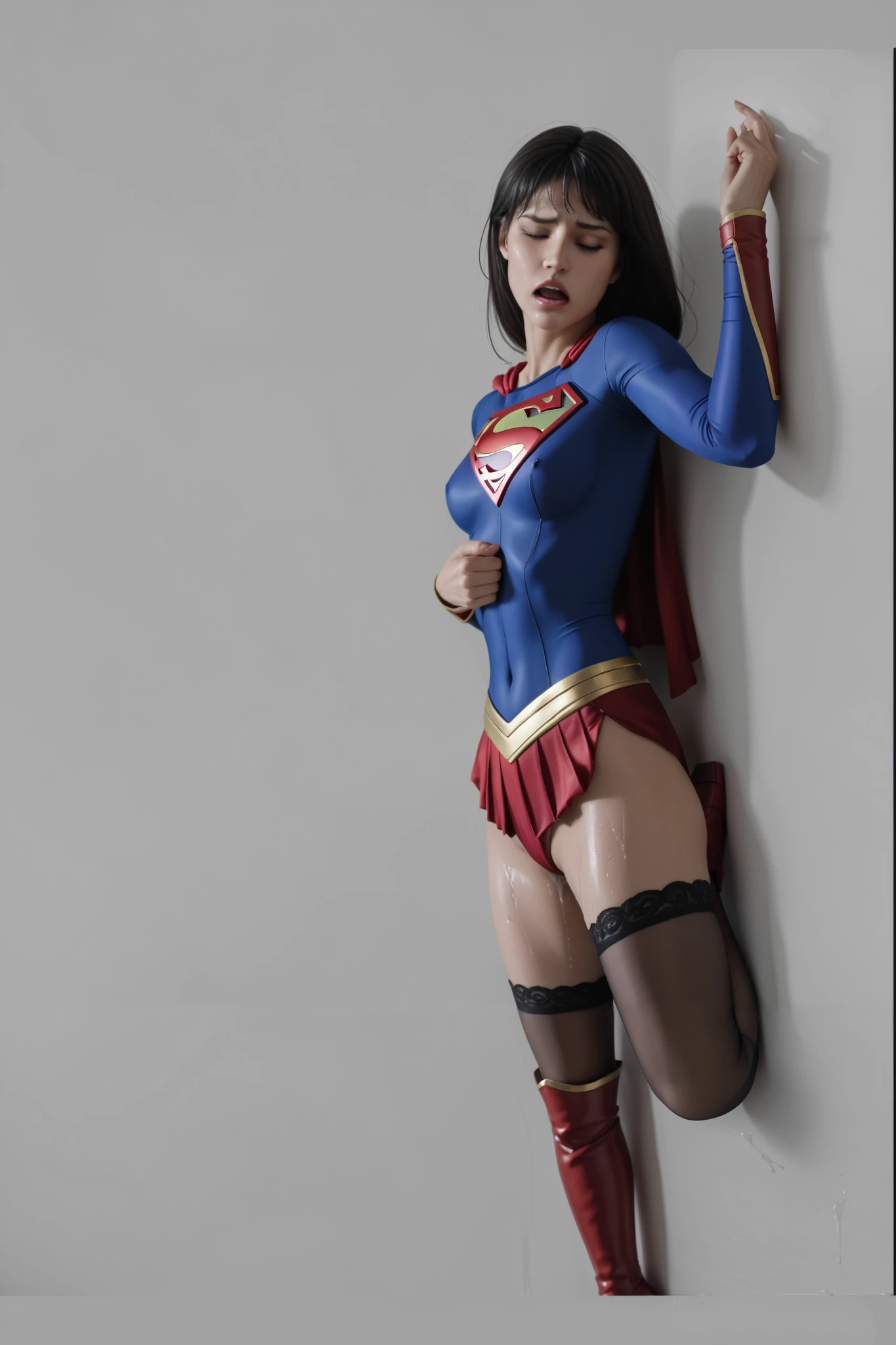 ((( eye closed )))、Cry、pain、 and torture 、 orgasms 、 orgasms ingface、 Strangling is done by opening your mouth and putting on stockings 、background 、Draw both legs、((( Express beautiful legs .)))、(((beautiful dark hair)))、((( Legally express the beauty of suffering )))、(((( make the most of the original image )))、((( Beautiful Legs Supergirl Costume )))、(((Fitted Supergirl Costume for Beautiful Legs )))、((( beautiful hair)))、((( Crypain )))、((( wear black tights ....、Wear red boots)))、(( top quality、8k))、(( top quality、8k、 Masterpiece:1.3))、(((Save the background )))、 Strong concentration:1.2、 slim abs :1.2、 wet body:1.5、 High Resolution Face and Skin Textures 、8k aperture F2 .8,