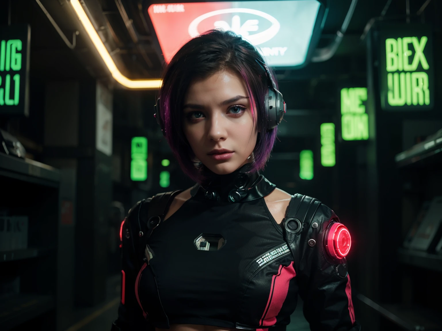 a female robot, Singing with a microphone in his hand, with several colorful neon lights, iluminando o ambiente e o palco.