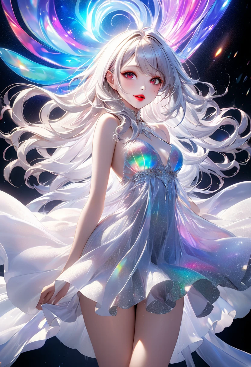 masterpiece, best quality, (extremely detailed CG unity 8k wallpaper), (masterpiece), (best quality), (polychromatic:1.25), (scenic:1.2), (heterochromatic:1.2), (ultra-detailed), (best illustration), (best shadow), (lightfast), (highly detailed reflection), (an extremely delicate and beautiful), (fantasy), (dynamic angle), (dynamic pose), (1 girl floats in sky), (white hair), (long wavy hair), (swirling hair), (gradient hair), (white summer dress), (rainbow colored pupils), eyelashes, (highly detailed face:1.3), (light particles:1.3), (highly detailed light:1.3), (light changes to water:1.5), ( lots of water current), red, vermeil, orange, yellow, green, lime, peach, colar, pink, aqua, blue, violet, (gradient colored background), smile, upper body, (detailed blue sky:1.3), (clouds), (ribbon straps), (close up:0.8)