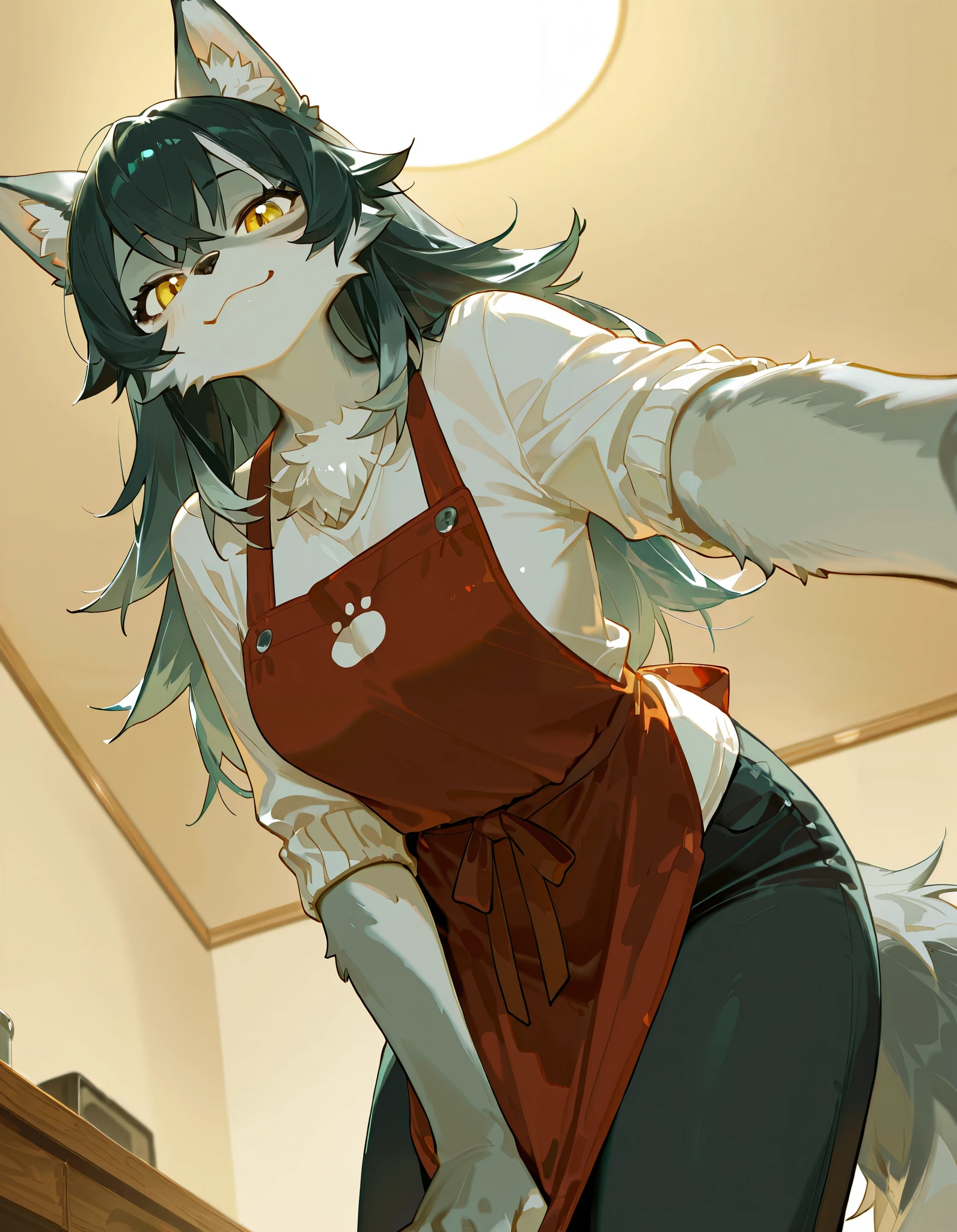 best quality, high detailed, too cute wolf woman, shy, smile, look down, ceiling, Leaning forward, reaching at viewer, apron, rough shirt, long pants, 2025s, furry