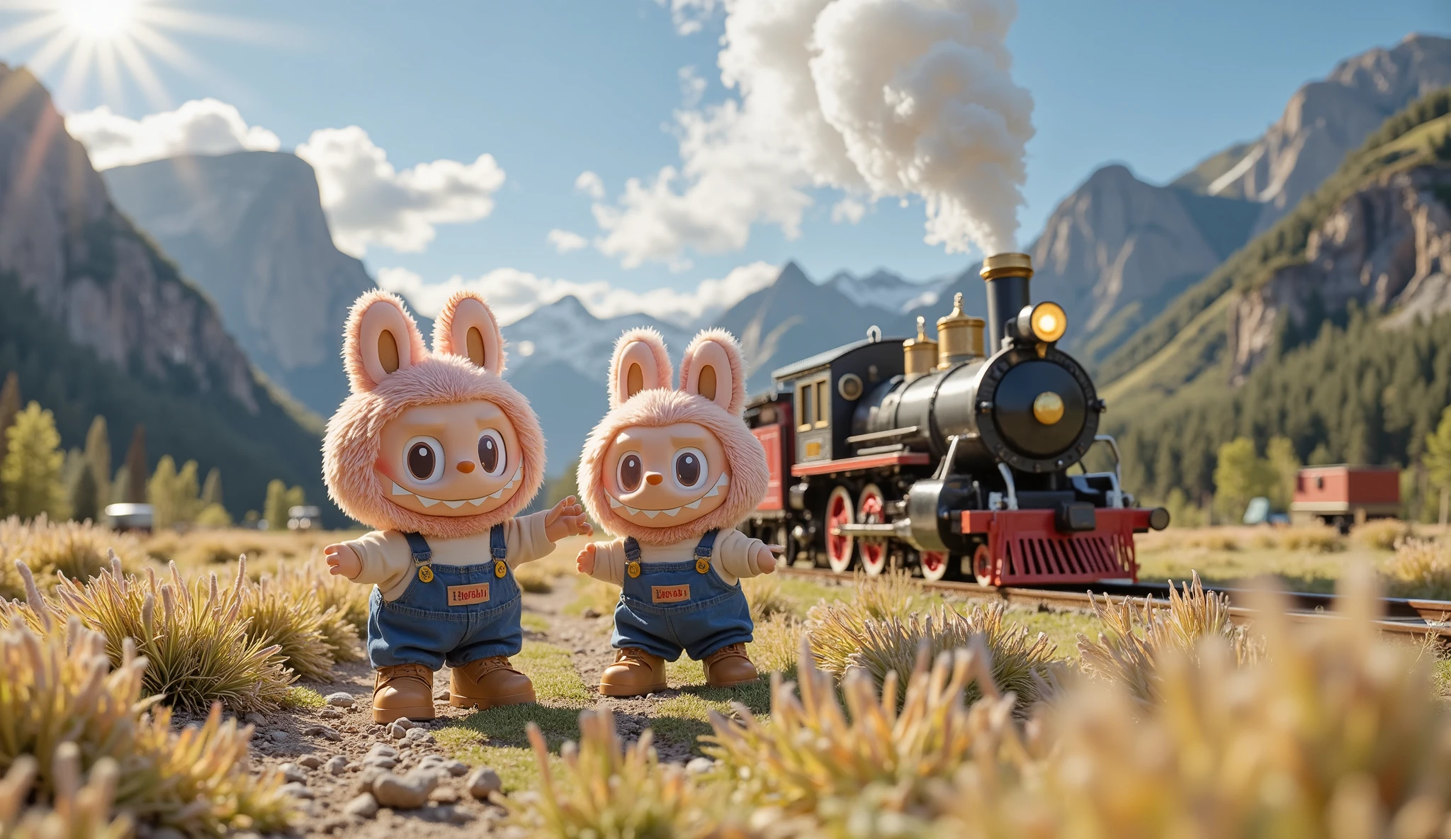 "Labubu Pink, Blue, and Red stand together in the middle of a vast, open grassland, their small bodies filled with excitement as they receive something with joyful expressions. Dressed in matching farm worker outfits—denim overalls with a light-colored shirt underneath, sturdy boots, and a small patch on the chest embroidered with ‘Baby Gemoy’—they appear ready for a day of adventure. Their round eyes gleam with curiosity as they stretch out their hands, eagerly accepting whatever is being handed to them.
From a front-facing, three-quarter-body perspective, the scene captures their playful energy against the breathtaking backdrop. The golden afternoon sunlight casts soft shadows on the gently swaying grass, creating a warm and inviting atmosphere. Towering mountains rise in the distance, their peaks touching the sky, adding to the sense of vastness and adventure.
Behind them, a grand steam locomotive chugs along the railway tracks, its metal exterior gleaming under the sunlight. A thick cloud of white steam billows from the smokestack, drifting upward and merging with the bright blue sky. The rhythmic puffing of the engine and the clatter of iron wheels against the rails bring a nostalgic charm to the setting.
Labubu Pink, Blue, and Red remain focused on the moment, their small hands gripping the item they have just received. The soft breeze ruffles their fluffy fur slightly, adding a touch of movement to the scene. The combination of nature, machinery, and the playful presence of the Labubus creates a heartwarming and adventurous snapshot of a perfect midday moment."