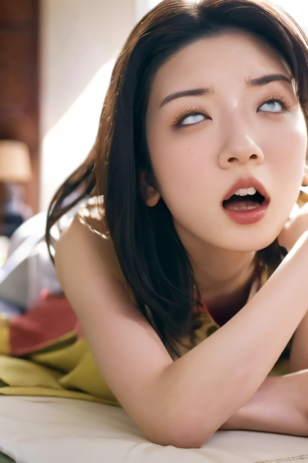 Close-up of face, (She is lying on her back:1.5), ( top quality, masterpiece:1.2), highly detailed , high res, 8k Wallpaper, perfect dynamic composition, Eyes with Attention to Details , summer trend fashion, open mouth, She squints her eyes, (orgasm face:1.5), (Woman with open mouth and narrowed eyes: 1.1), 20 years old, cute Japanese woman, sexy style , Tokyo , camera sexy shot, summer fashion ,Summer clothes, see-through