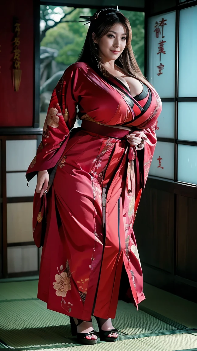 (nsfw:1.5),(Ultra Realistic, Illustration, High Resolution, 8K, Very Detailed), (Best Illustration), (Beautiful Detailed Eyes), (Best Quality), (Ultra Detail), (Masterpiece), (Wallpaper), (Detailed Face), ((full body shot)), Smiling, red lips, (fit), curvy body, huge breasts, thin waist, long straight blond hair. Solo, ((glasses, bright red and white coloured off shoulder long silky soft printed kimono dress, high heels)), (Latino girl, dark brown skin:1.4), Sophisticated look, accessories, pendant, fashion, beautiful hairstyle, makeup, stylish and beautiful place, (standing in a room, surrounded by blooming flowers), elegant pose, shiny skin, breastsout
