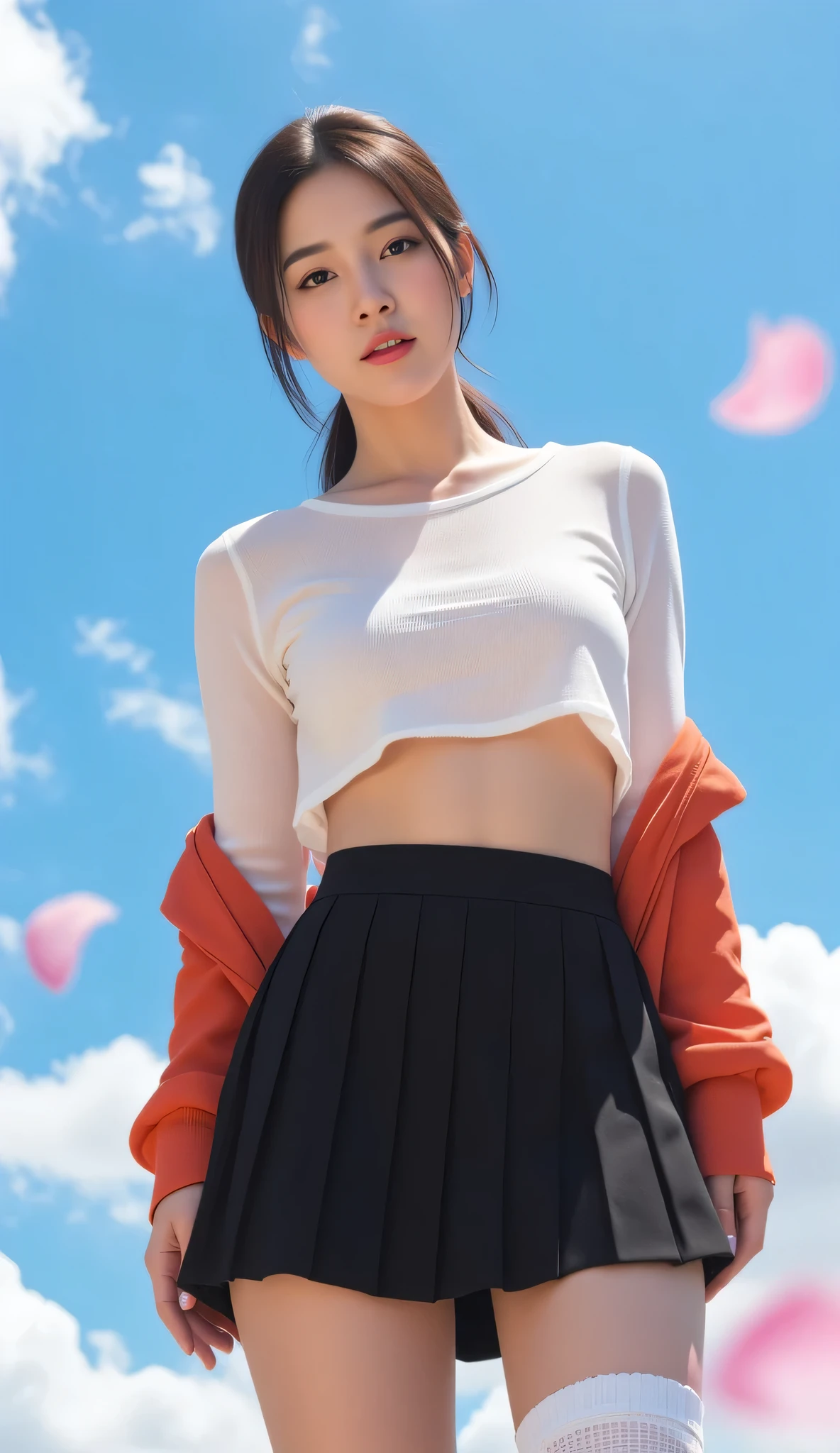 realistic photography a beautiful woman with dark brown hair tied in a low ponytail. She is wearing a sheer white shirt revealing a glimpse of her abdomen, layered with a reddish-orange jacket. She's also wearing a short black pleated skirt and black stockings with white thigh-high socks. The background is a clear bright blue sky with fluffy white clouds and light pink petals gently floating. The sunlight is bright, creating soft shadows on the character's face and body. particularly the character's skin appears seamless and dimensional. The perspective is from a low angle looking up, making the character appear tall and prominent. The overall image is sexy yet maintains a cute and innocent atmosphere., realistic, good lighting, professional Photography, Photorealistic, detailed, RAW, analog, sharp focus, 8k, HD, DSLR, high quality, Porta 160 color, Fujifilm XT3, award winning, masterpiece,good hand,good finger,good nail,