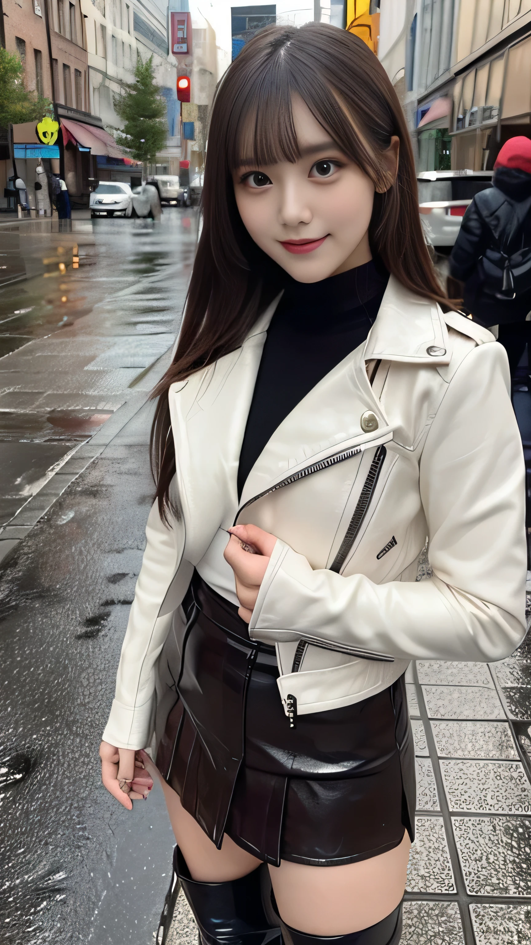 front view:1.5, large breast:1.4, full body photo,((focus on crotch)), she is in a street, standing on a hard rainy street, one girl, High resolution ,blonde hair, Light Hair Color, sexy, Beautiful eyelashes ,High resolution ,Zoom out ,20-year-old ,Highest quality ,Very detailed ,Finer details ,High resolution ,8k wallpaper ,Beautiful eyes in every detail ,Natural lip color ,very beautiful:1.5, Full body,front view:1.5,looking camera, (riders leather thick Jacket,knee high boots, very high gloss:1.3, brown leather pleated mini thick skirt, Little Devil Smile), curvy thighs:1.5, (a beauty girl, delicate girl:1.3), break, very fine eyes, (symmetrical eyes:1.3), break,brown eyes, parted bangs,best smile, break, (eyes and faces with detailed:1.3), break, (masterpiece, best quality, ultra detailed, detailed face, 8k)